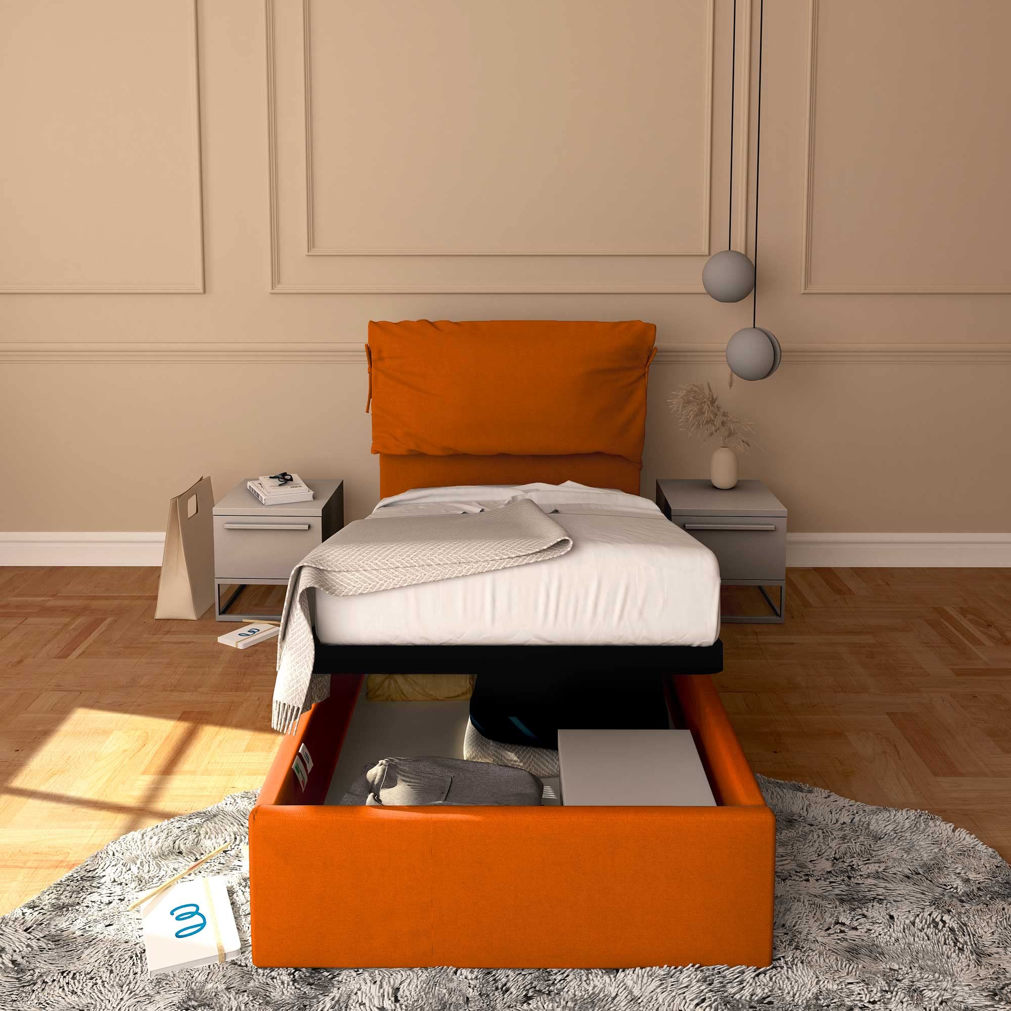 Baldiflex Single Bed with Storage - Licia Soft Synthetic Leather Upholstery, Slatted Base for Single Mattress, 90 x 190 cm, Padded Headboard, Orange - Perfect for Small Bedrooms, Guest Rooms & Studio Apartments