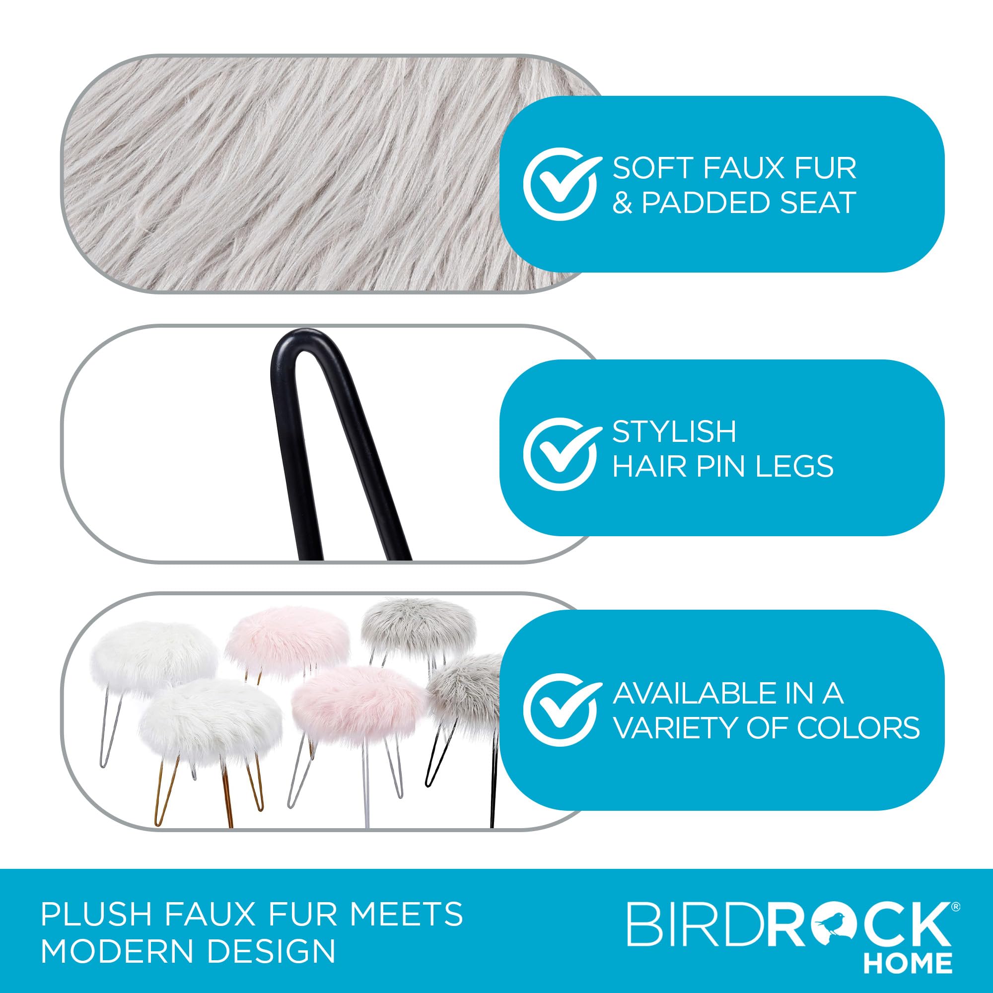 BIRDROCK HOME Round Faux Fur Foot Stool Ottoman with Black Hairpin Legs - Soft Padded Vanity Seat Makeup Chair for Bedroom, Living Room & Kids Room - Grey - Perfect for Reading Nook, Dressing Table & Lounge Decor