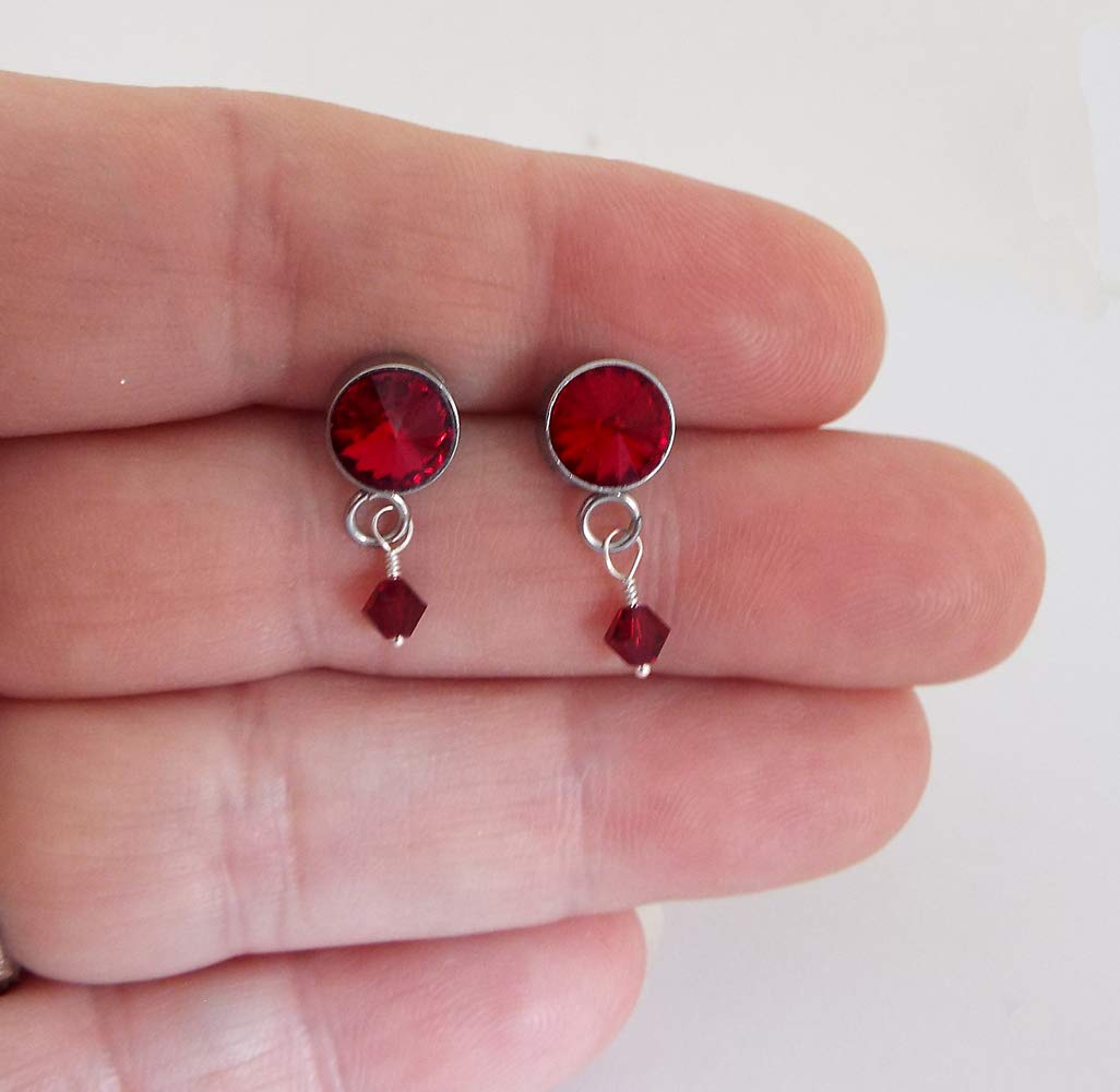 Red Rhinestone Post Earrings with Genuine Austrian Crystal Rivolis & Stainless Steel Settings - Elegant Red Crystal Dangle Earrings for Women | Perfect for Parties, Weddings & Evening Events