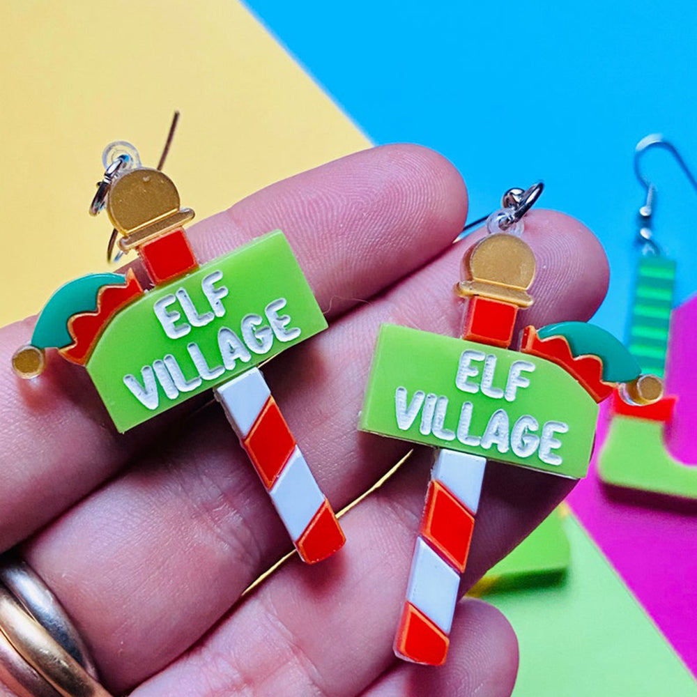 Christmas Elf Village Set with Acrylic Earrings & Cozy Elf Socks - Makokot Design Holiday Collection | Perfect for Gift Giving, Christmas Decor & Festive Outfits