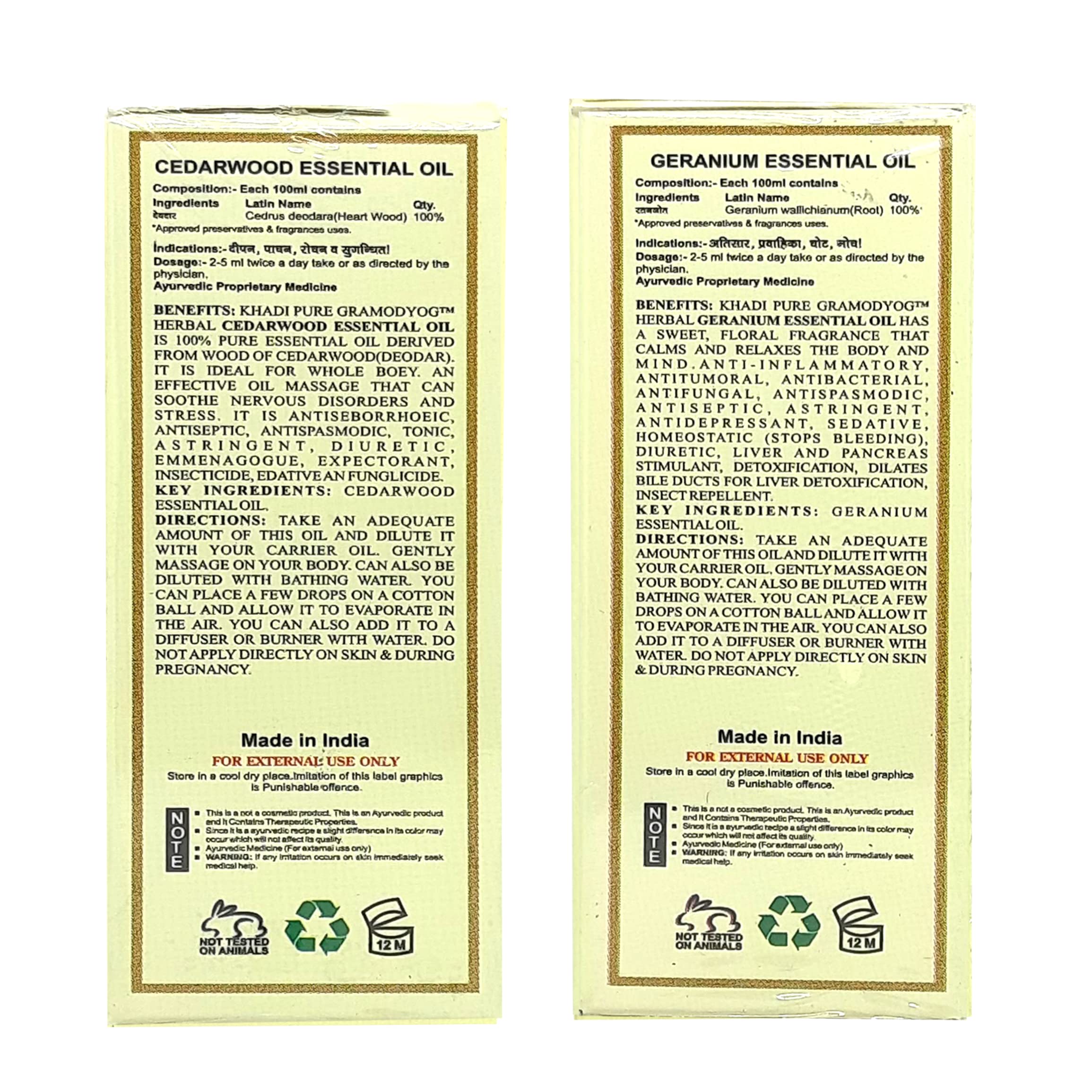 Khadi Pure Cedarwood & Geranium Essential Oil - 100% Natural Aromatherapy Oil for Relaxation & Stress Relief - 15ml (Pack of 2) - Perfect for Diffusers, Massage & Skin Care