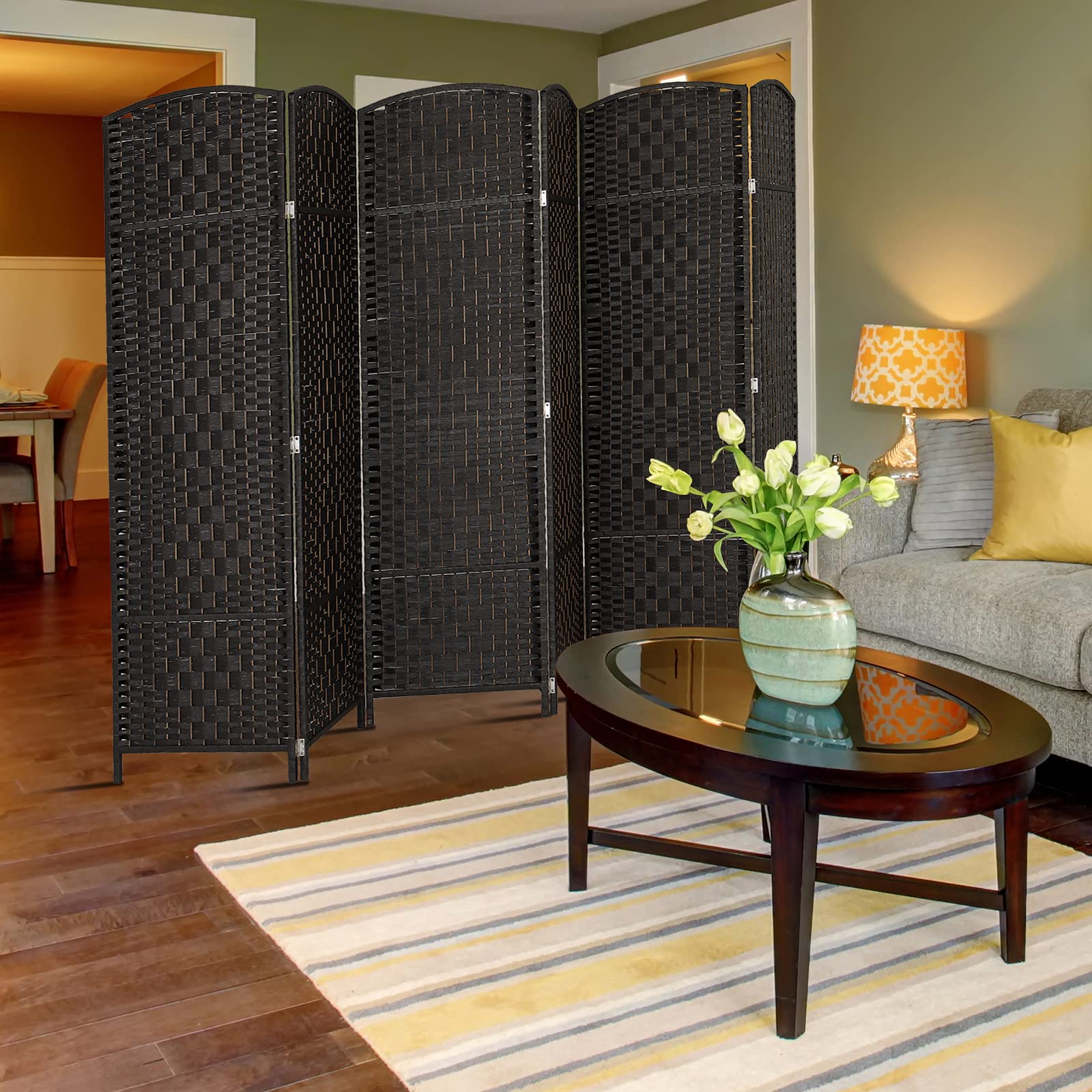 VINGLI 6-Panel Tall Rattan Room Divider Screen - 6FT Folding Privacy Partition for Indoor Spaces - Freestanding Hinged Room Separator in Black - Perfect for Home Office, Bedroom, and Living Room Privacy