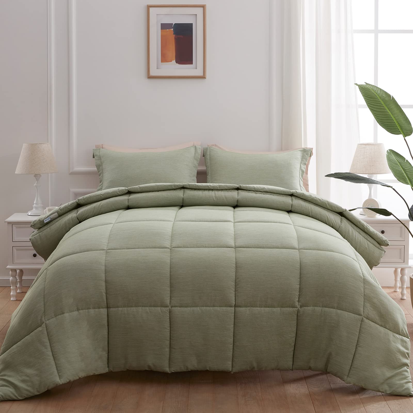 NexHome Queen Comforter Set - Soft All-Season Green Comforter Queen Size, 3-Piece Cationic Dyeing Bedding Set with 1 Comforter & 2 Pillow Shams | Cozy Bedroom Upgrade for Home, Hotel, or Guest Room