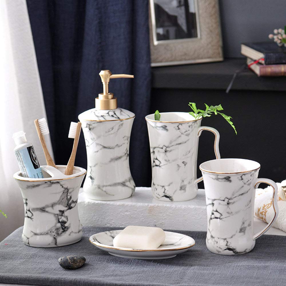 Vintage Ceramic Bathroom Accessories Set - 5 Piece Gray Marble Soap Dispenser, 2 Toothbrush Holders, Soap Dish & Cups for Home, Hotel Vanity Decor | Modern Bathroom Organization & Spa Style Decor