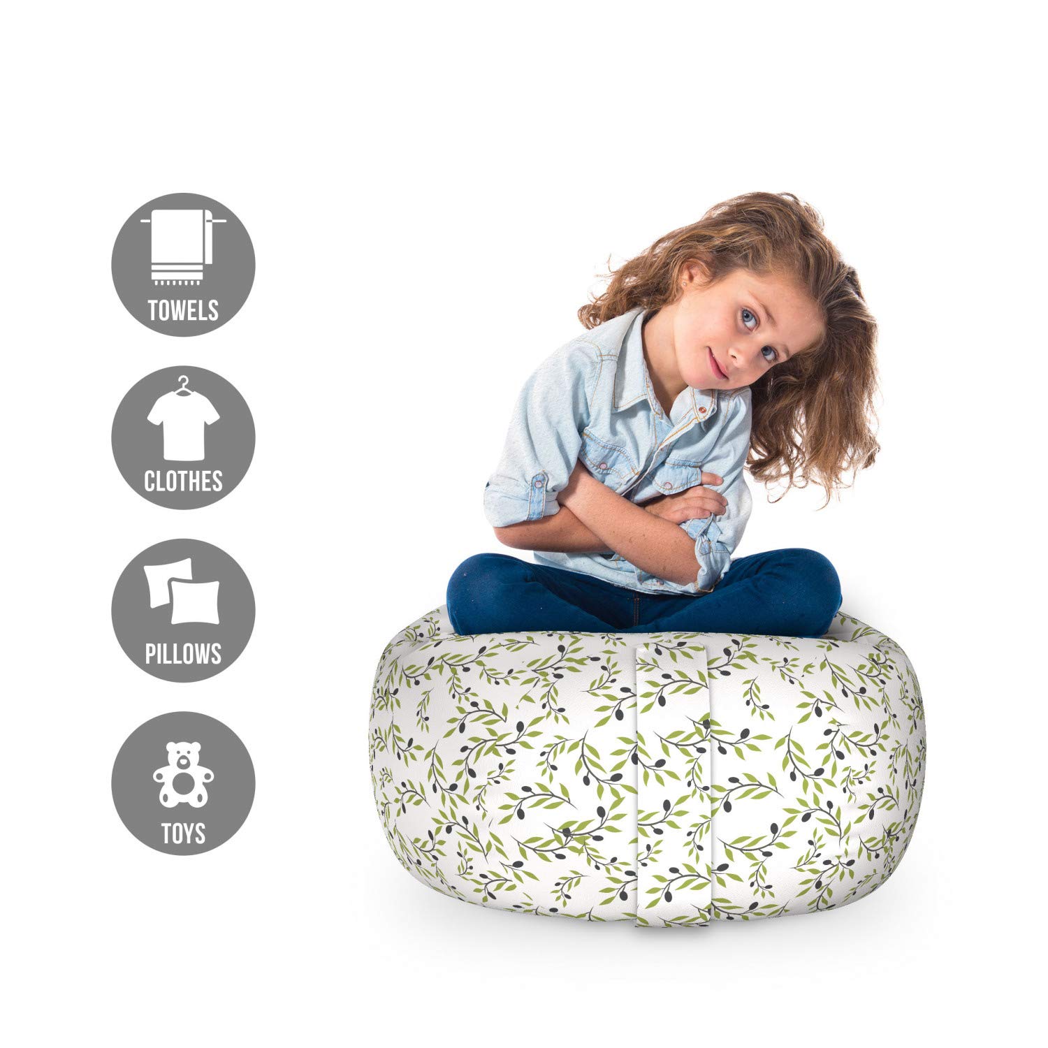 Ambesonne Olive Green Toy Storage Bag Chair with Botanical Leaf Design - Washable Stuffed Animal Organizer for Kids' Room, Nursery, or Playroom (Small Size, Olive Grey)