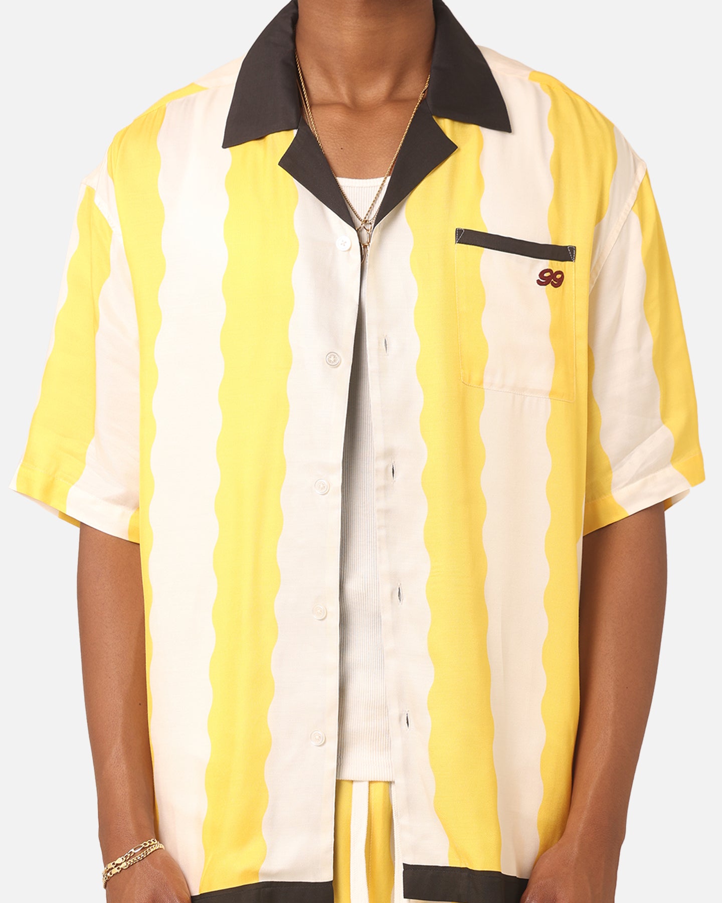 99 Cabana Bowling Short Sleeve Button Up Shirt for Men - Casual Hawaiian Aloha Shirt in Yellow/Off White - Perfect for Beach Parties, Summer Vacations & Tropical Getaways