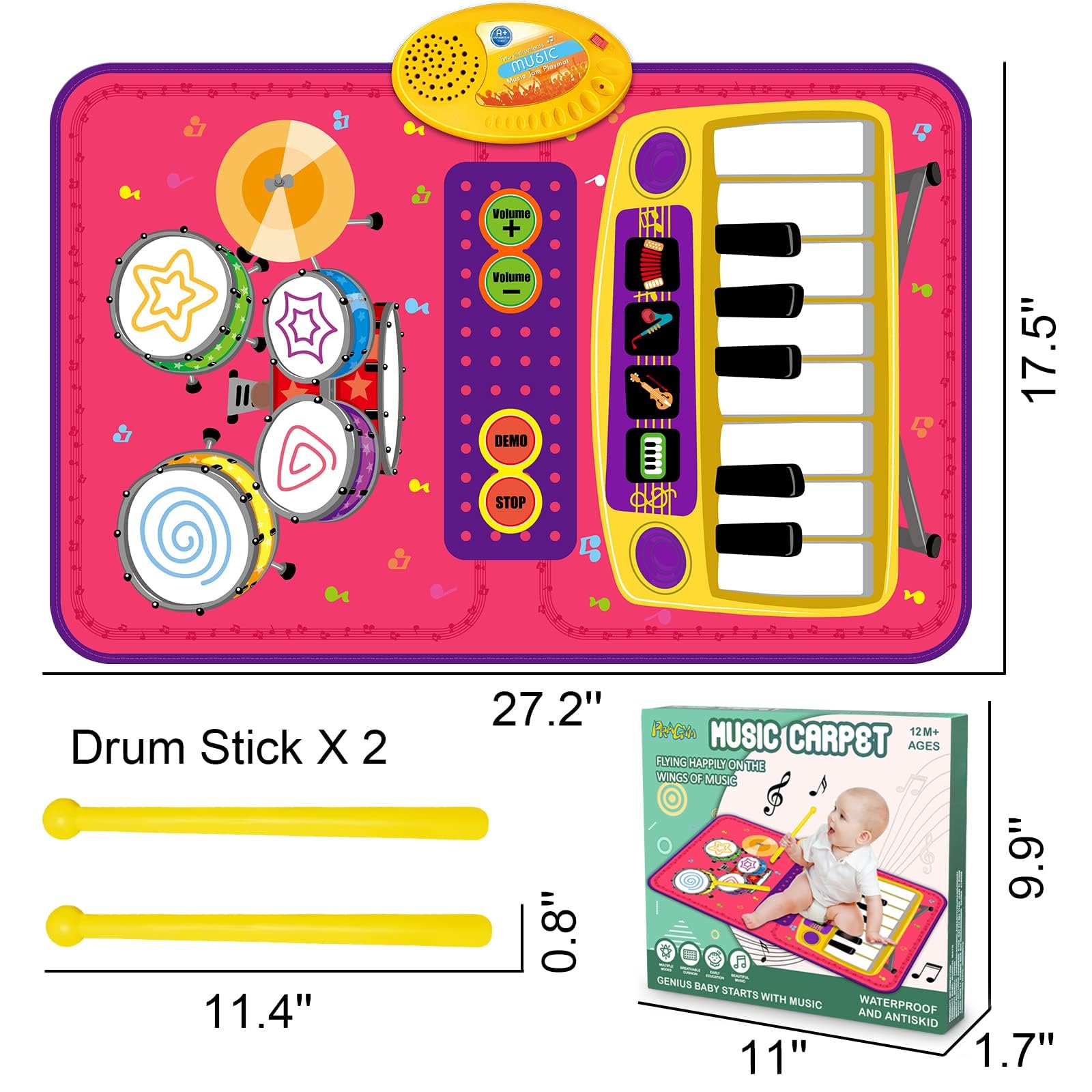 PRAGYM Musical Playmat for Toddlers - 2-in-1 Piano Keyboard & Drum Baby Toy - Educational Gift for 1-2 Year Old Girls & Boys - First Birthday Present - Perfect for Early Learning & Sensory Development at Home or Daycare