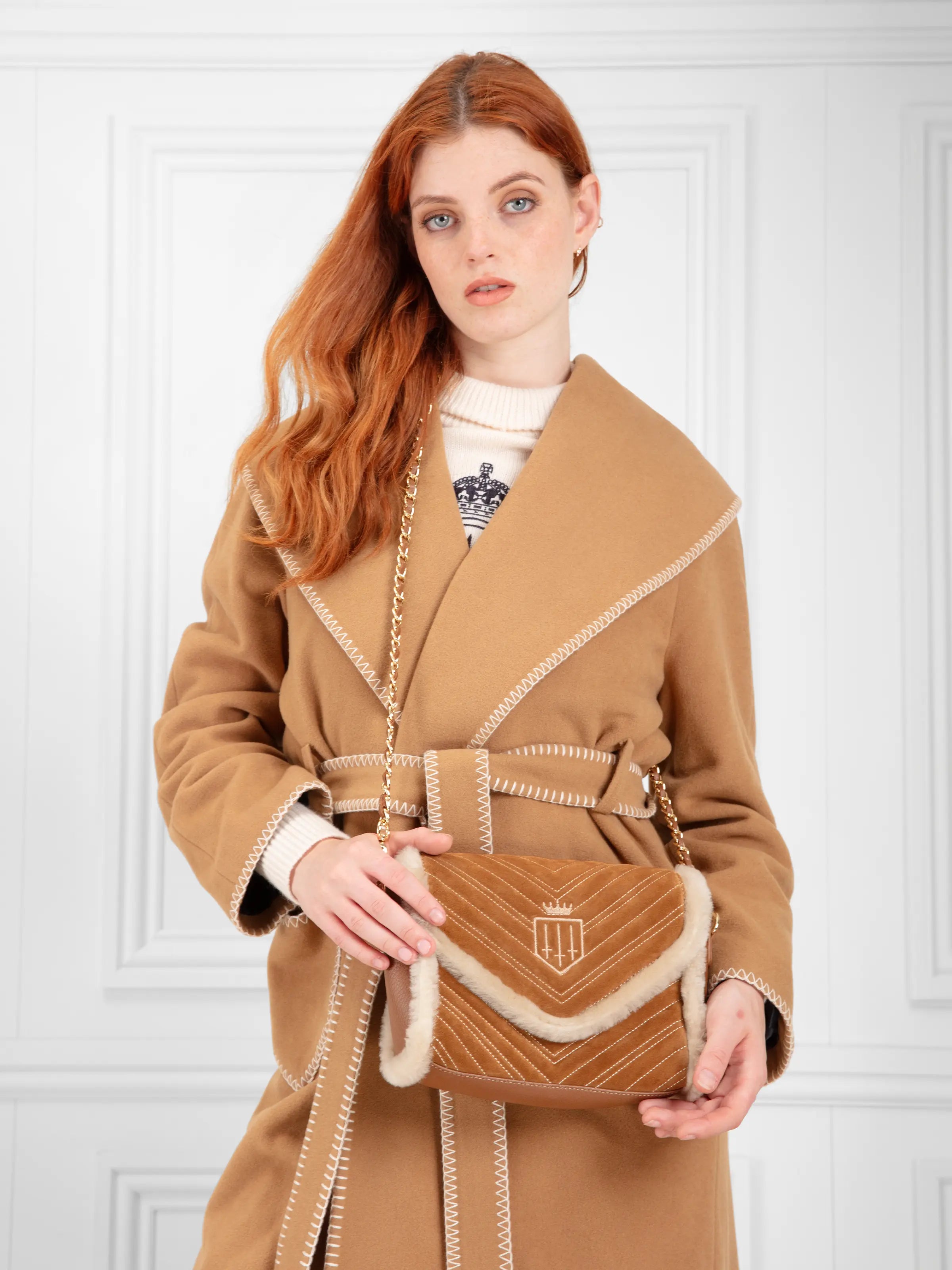 Edinburgh Cross Body Bag for Women - Tan Suede & Shearling Leather Shoulder Purse - Perfect for Travel, Shopping & Everyday Use
