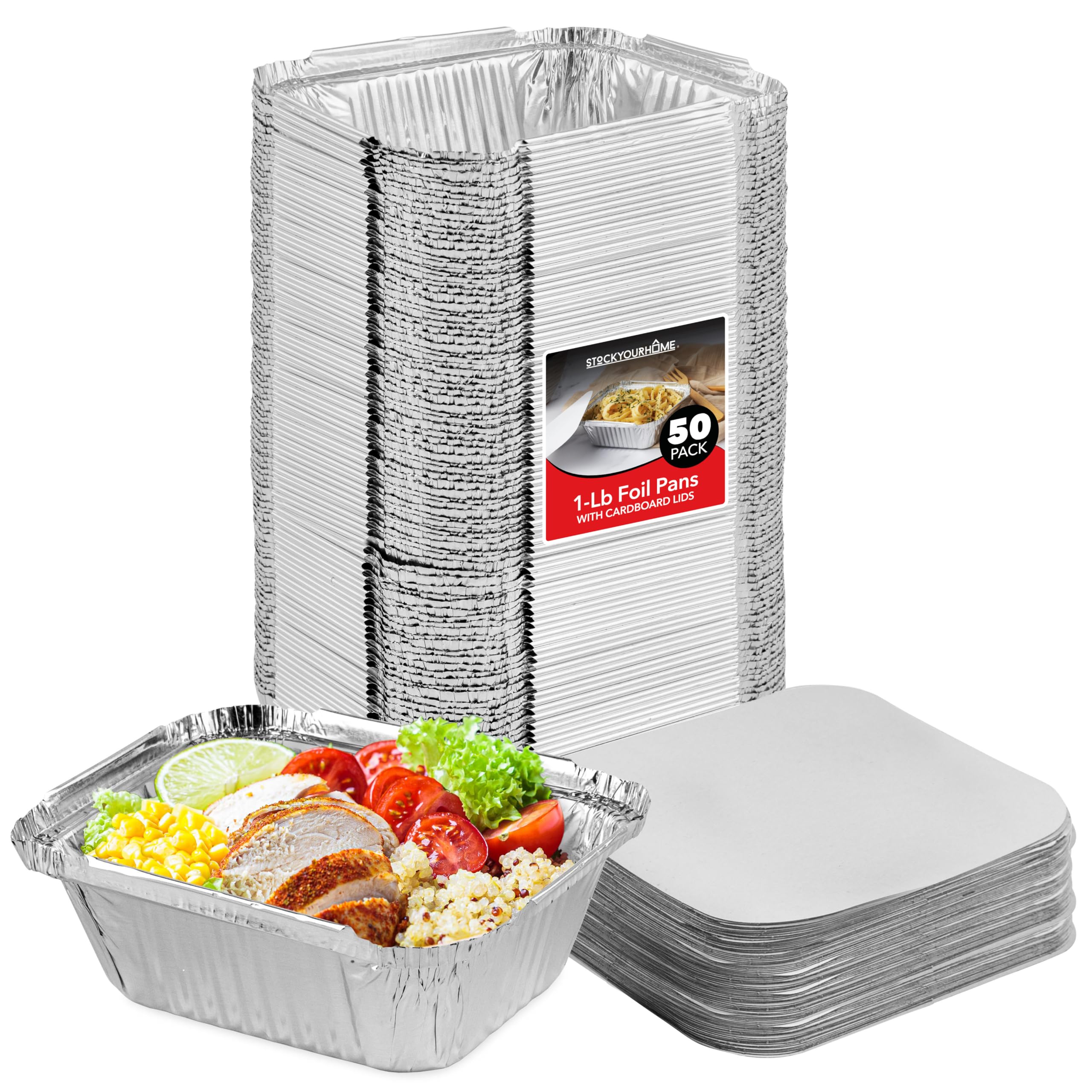 50-Pack Small Aluminum Takeout Containers with Cardboard Lids - 1 lb Disposable Oblong Foil Pans for Cooking, Baking, Meal Prep & Food Storage - Perfect for Parties, Picnics & Leftovers