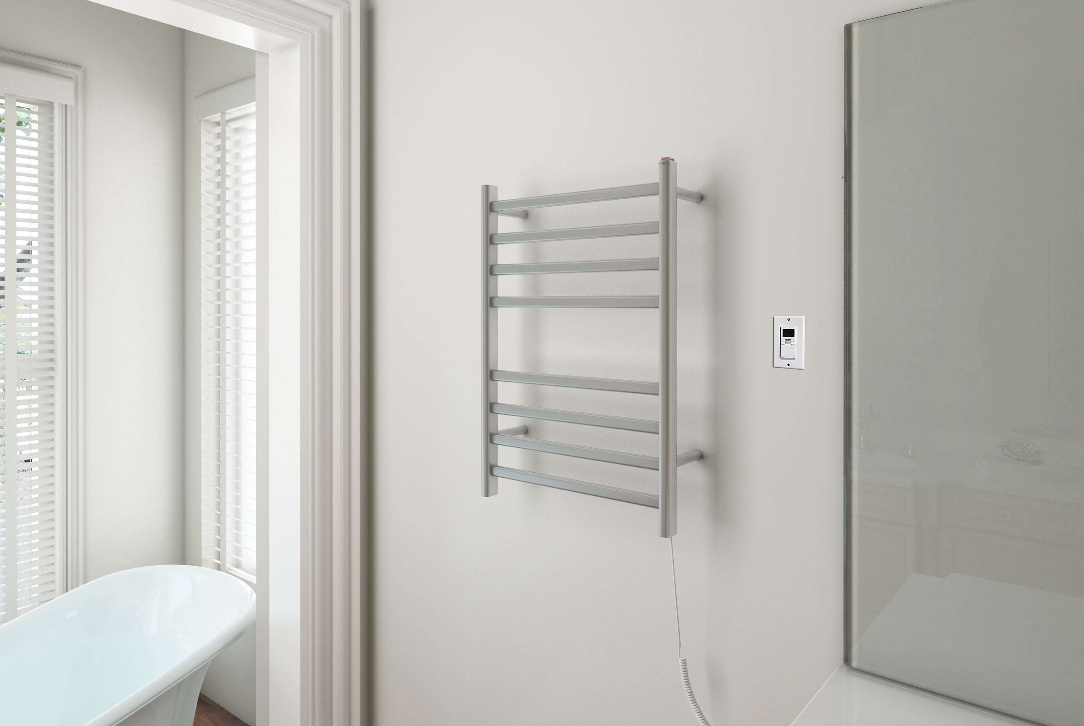 Prima Dual Extended 8 Bar Hardwired & Plug-in Electric Towel Warmer with Digital Timer - Brushed Stainless Steel - Perfect for Bathrooms, Spas & Luxury Hotels