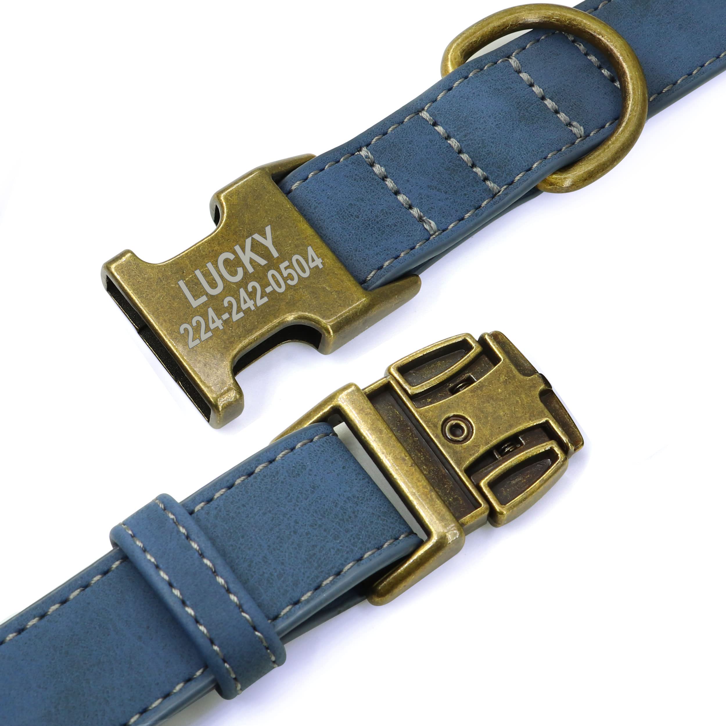 Personalized Leather Dog Collar with Name Plate - Adjustable, Soft Padded Pet Collar for Small, Medium & Large Dogs - Blue - Perfect for Walks, Training & Grooming Sessions