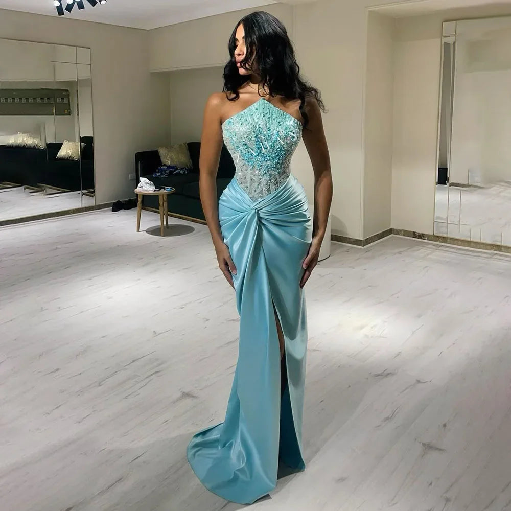 Elegant Blue Split Mermaid Evening Gown with Beaded Details - Luxury Arabic Dubai Style Wedding Dress for Women - Perfect for Formal Parties, Galas & Special Occasions