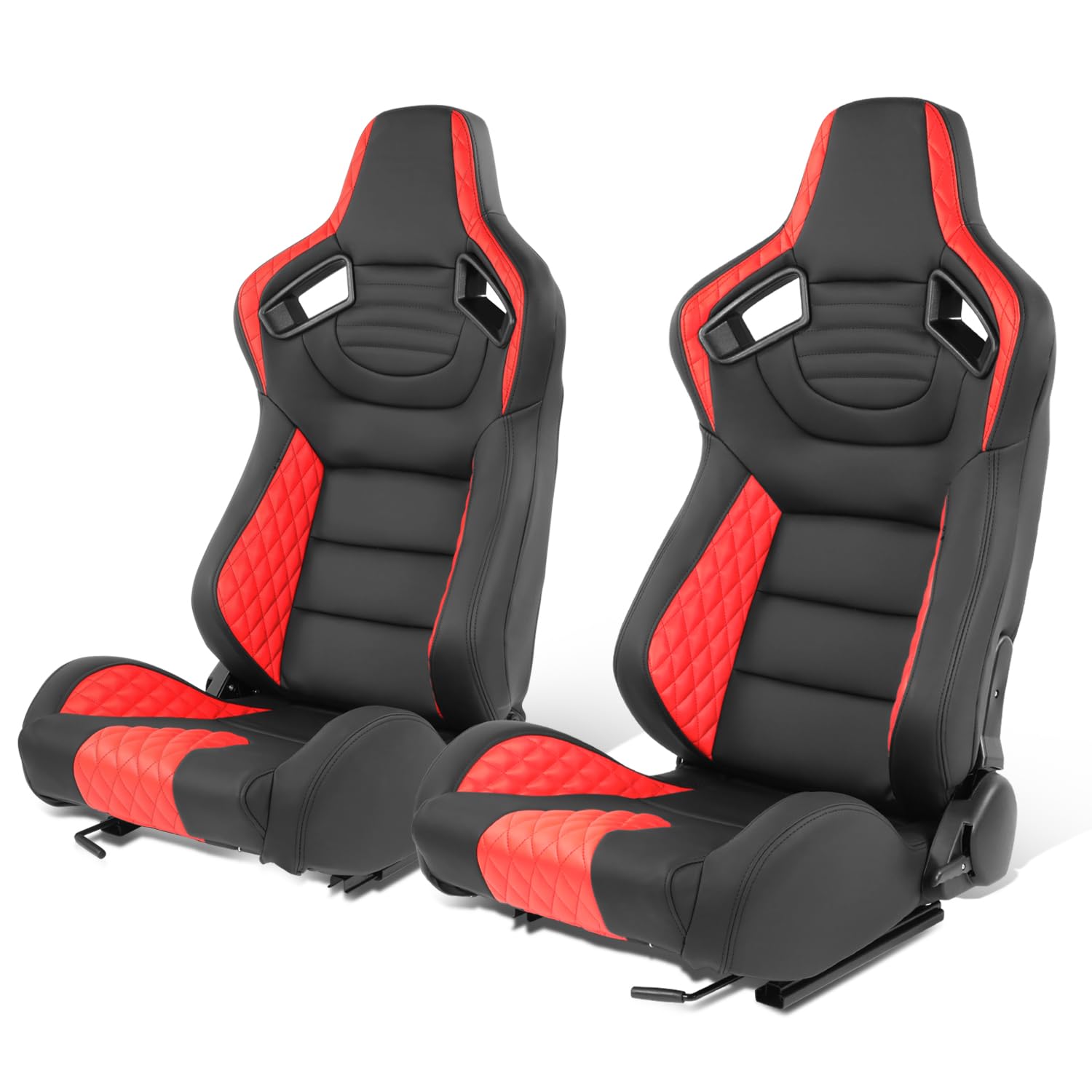 Auto Dynasty Universal Racing Seats Pair - Black/Red Vinyl Leather Reclinable Bucket Seats with Bottom Mount Sliders (38