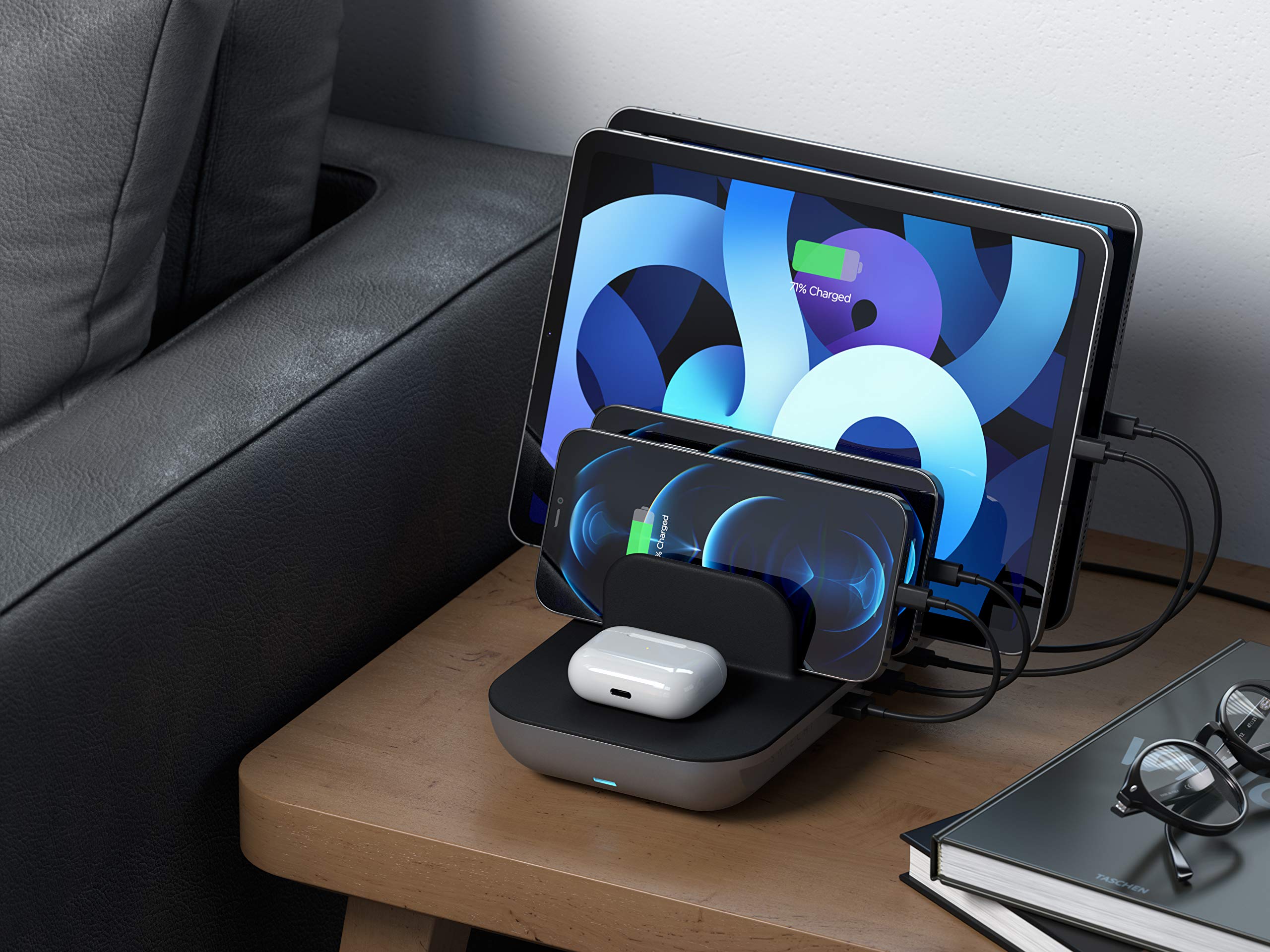 Satechi 5-in-1 Multi Device Charging Station with Fast Wireless Charging Pad - Compatible with iPad Pro/Air/Mini, iPhone 16/15/14/13/12/11, AirPods 3rd Gen & More - Perfect for Home Office, Nightstand & Travel Organization