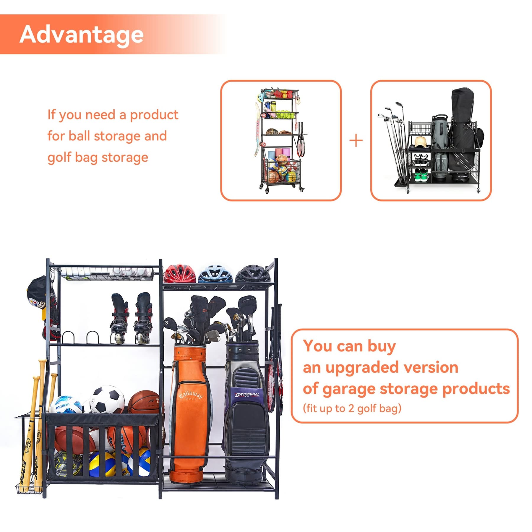 Garage Sports Equipment Organizer & Golf Bag Stand - Heavy Duty Ball Storage Rack for Indoor/Outdoor Use - Kids Toys Storage Bins with Baskets - Perfect for Garage, Basement, Backyard & Playroom Organization