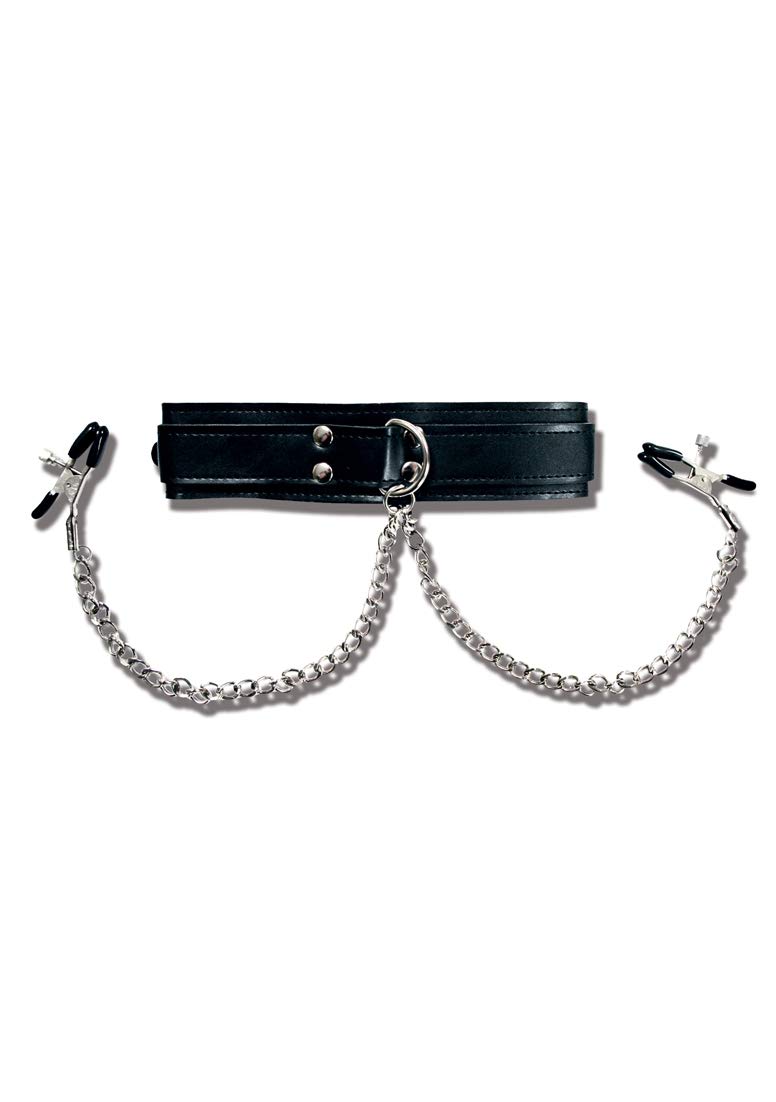 Sportsheets Adjustable Leather Collar with Nipple Clamps - BDSM Bondage Gear for Couples Play, Sensual Roleplay & Adult Bedroom Accessories