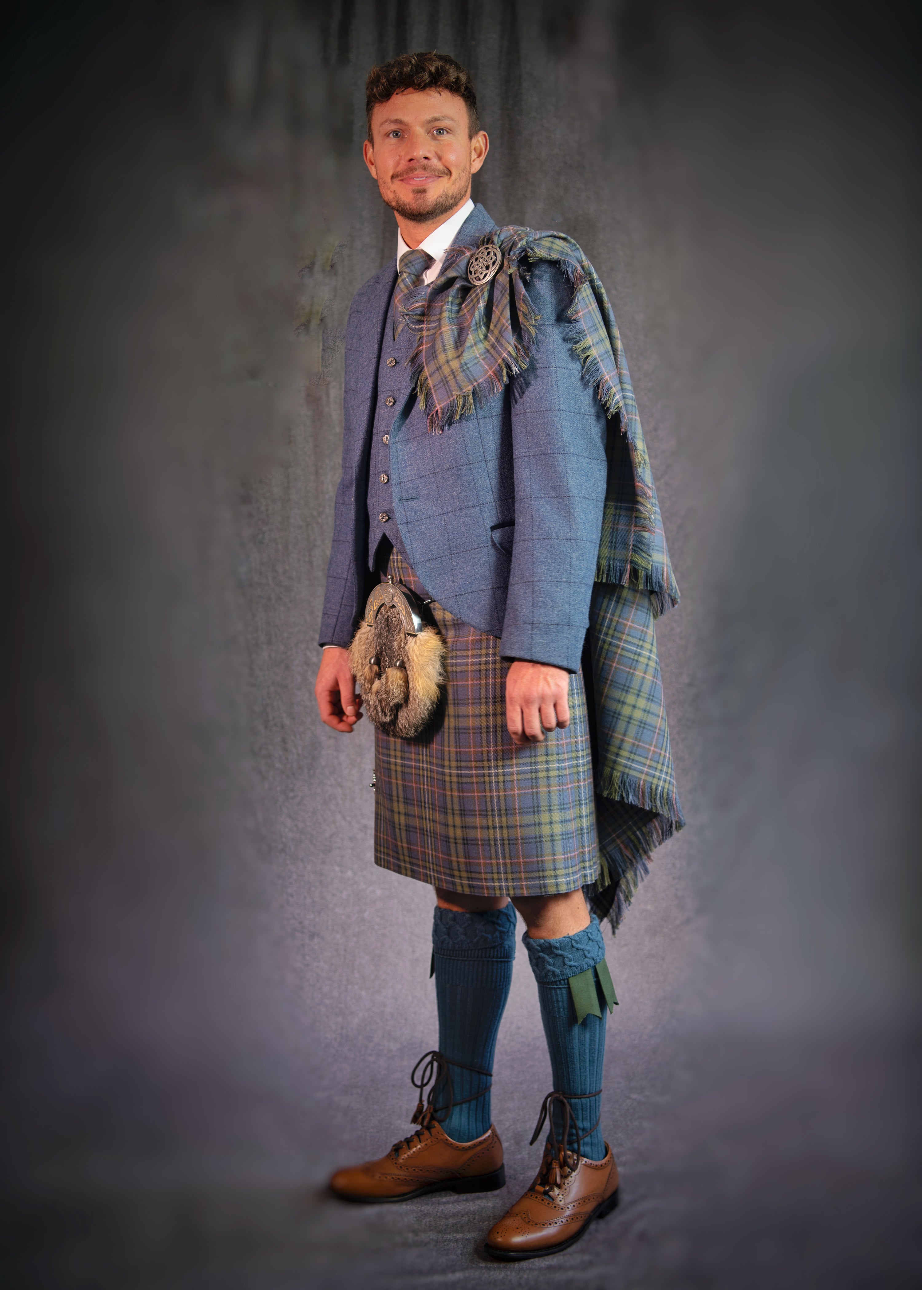 Premium Cairngorm Blue Tweed Kilt Outfit for Hire - Scottish Highland Dress for Weddings, Events & Formal Occasions