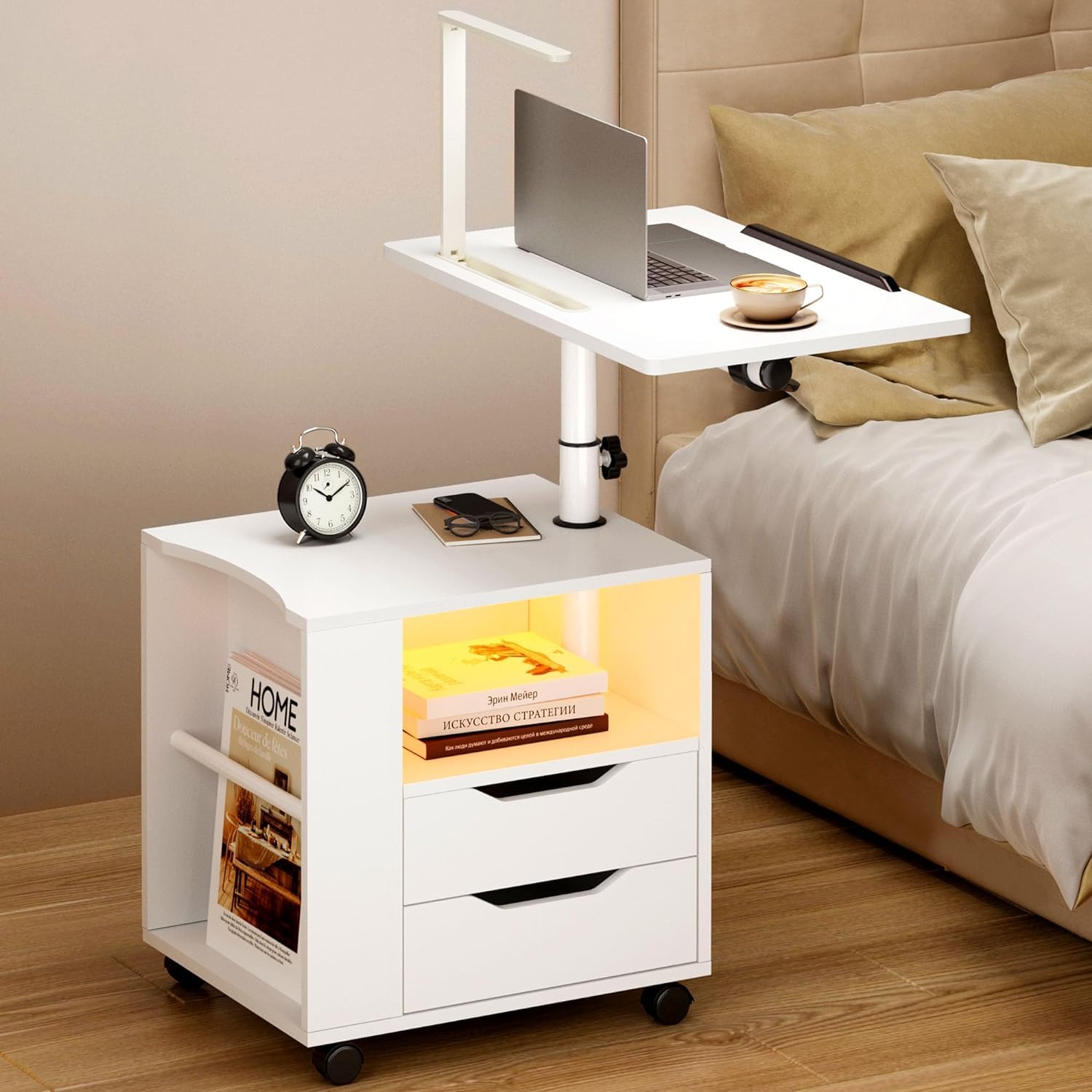 SogesHome White Nightstand with 2 USB Ports, LED Lights & 2 Drawers - Lockable Caster, Swivel Shelf Bedside Table for Living Room, Bedroom - Perfect for Charging Devices & Bedside Storage