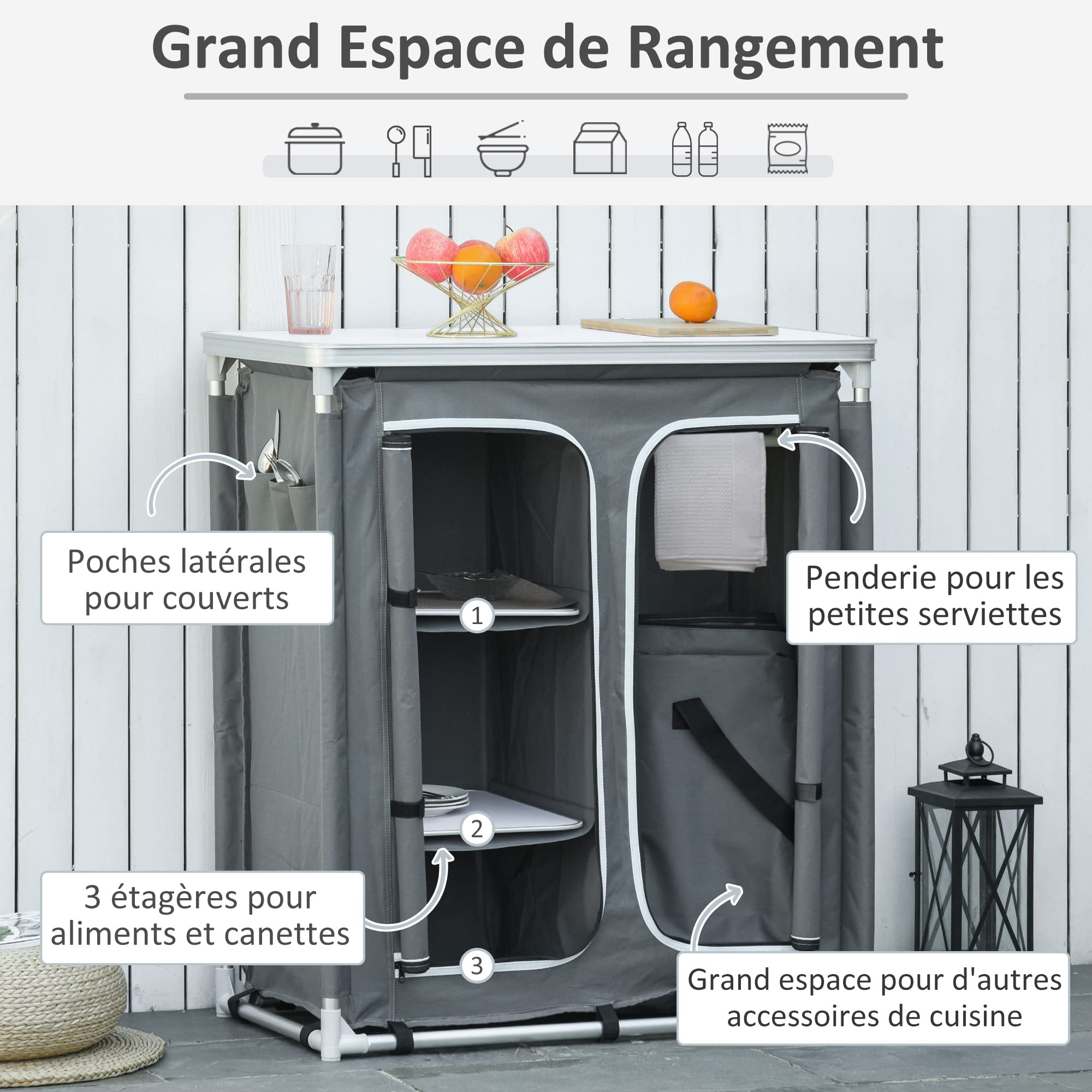 Outsunny Camping Kitchen Cabinet with Worktop - Portable Outdoor Camping Storage Organizer with Multiple Compartments & Carry Bag - Aluminum Frame & Oxford Grey Fabric - Perfect for Camping, Picnics & Outdoor Adventures