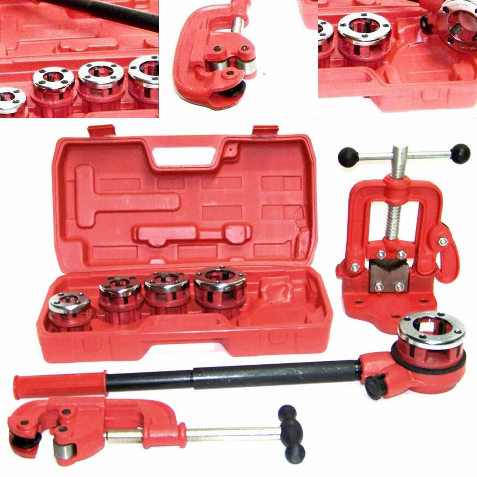 OUKANING Ratchet Type Pipe Threader Set with 5 Dies (3/8'' to 1-1/4'') - Professional Plumbing Tool for Pipe Cutting & Threading - USA Stock - Perfect for DIY Home Repairs & Professional Plumbing Projects