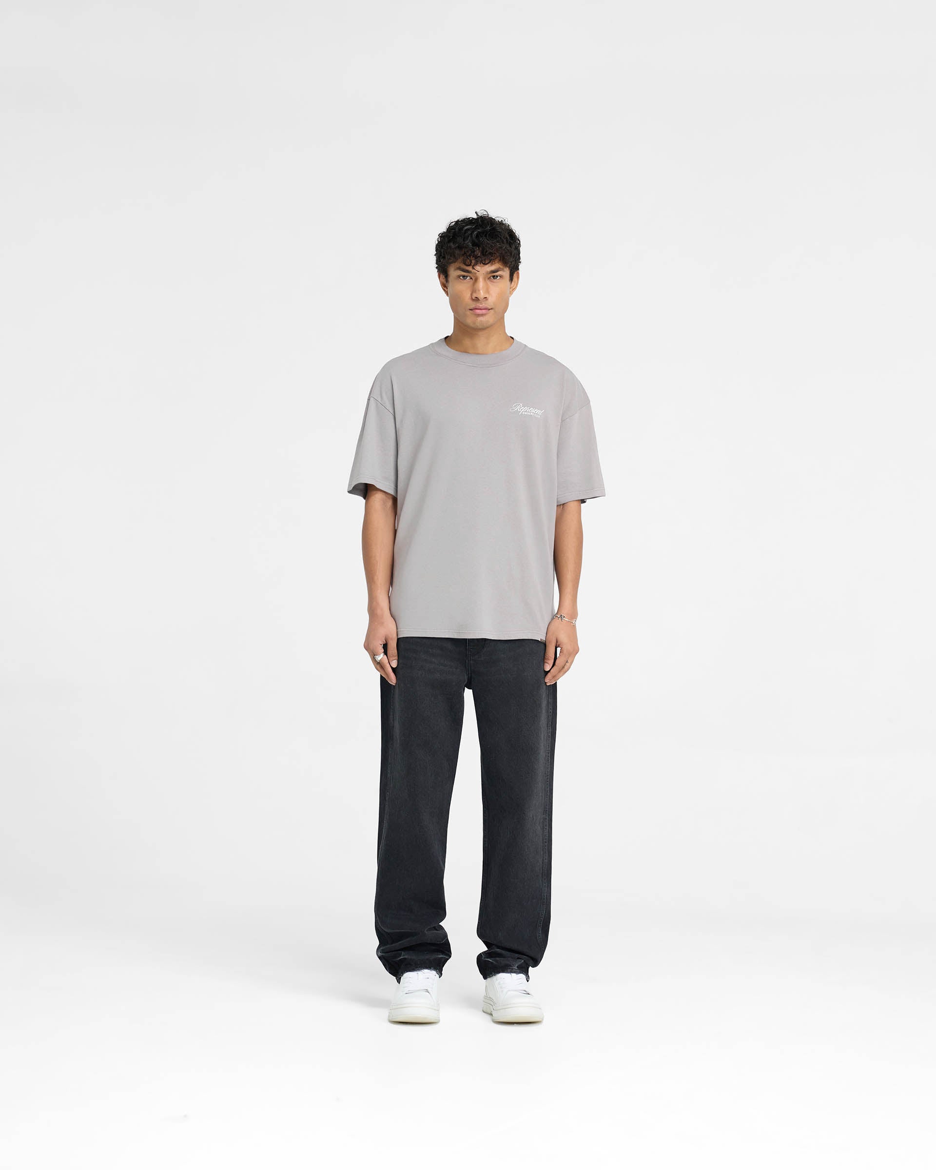 Represent Owners Club Script T-Shirt - Slate Gray Cotton Tee for Men | Streetwear Fashion & Casual Wear