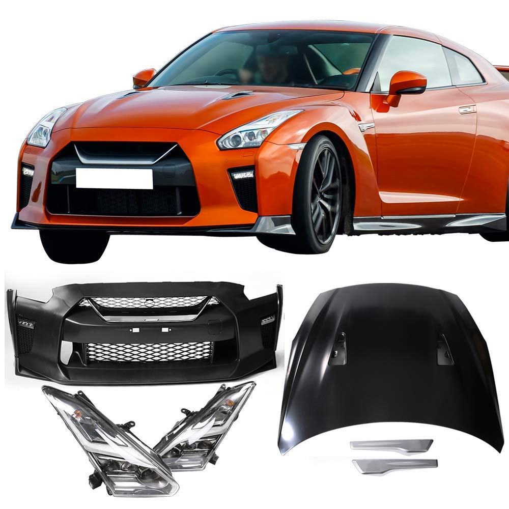IKON MOTORSPORTS Front Bumper Cover & Headlights for 2009-2022 Nissan GT-R R35 - Factory Style Replacement Bumper & Conversion Headlamps | Perfect for Performance Upgrades & Car Restoration Projects