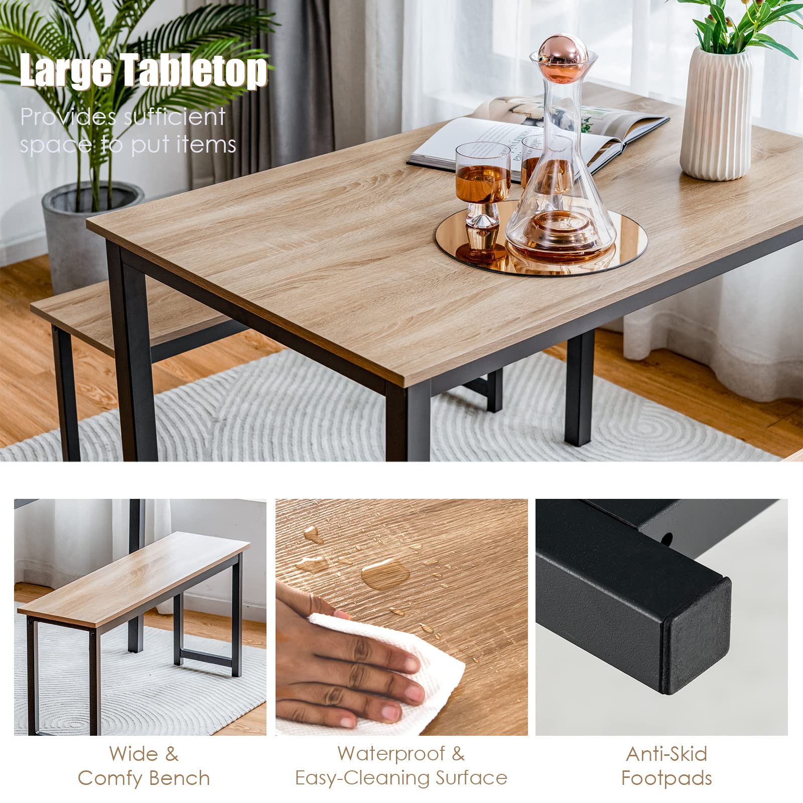 Modern Industrial Dining Table Set for 4 with 2 Benches - 3-Piece Kitchen Table with Metal Frame & Wood Tabletop - Industrial Brown & Black - Perfect for Small Spaces, Apartments, and Modern Farmhouse Dining Rooms