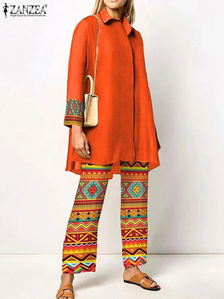 ZANZEA Women's Retro Printed 2-Piece Pant Set - Long Sleeve Lapel Shirt & Elegant Trousers Outfit | 2023 Fashion Tracksuit for Holiday & Casual Wear