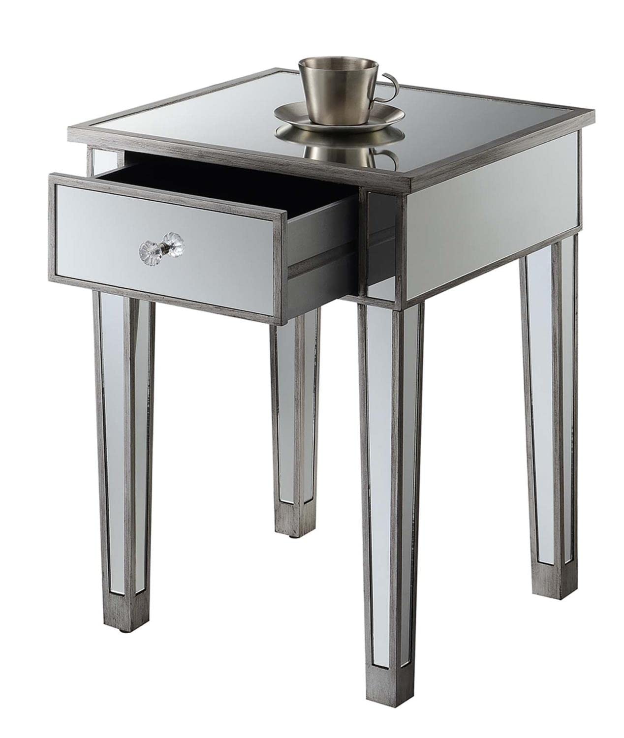 Gold Coast Mirrored End Table with Drawer - Antique Silver Finish & Mirror Top | Stylish Nightstand for Bedroom, Living Room, or Entryway Decor
