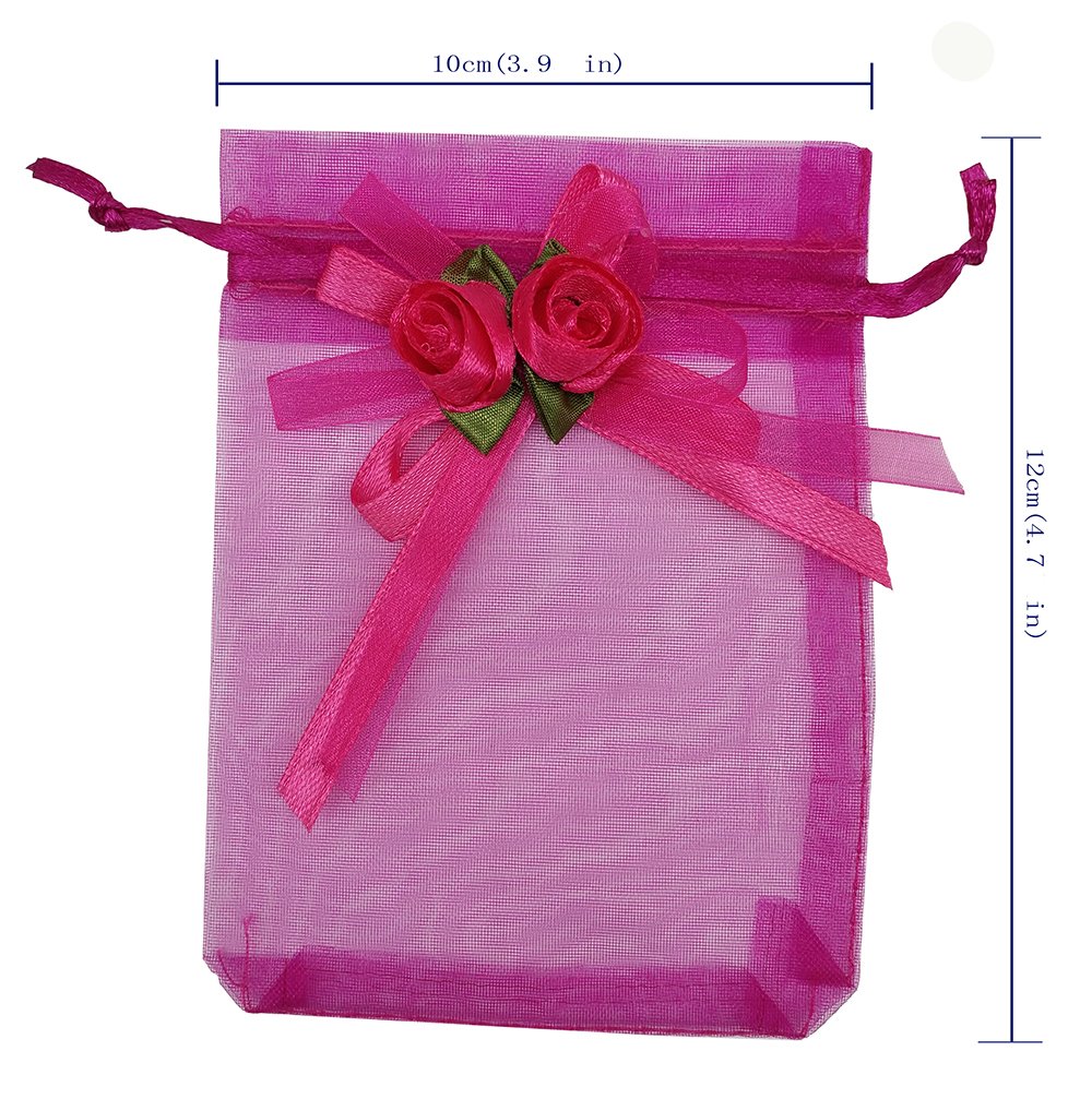 50pcs Sheer Organza Favor Bags 3.8x4.8 Inches - Wedding Party Gift Bags, Sample Display Pouches with Drawstring in Hot Pink - Perfect for Bridal Shower, Baby Shower & Birthday Favors