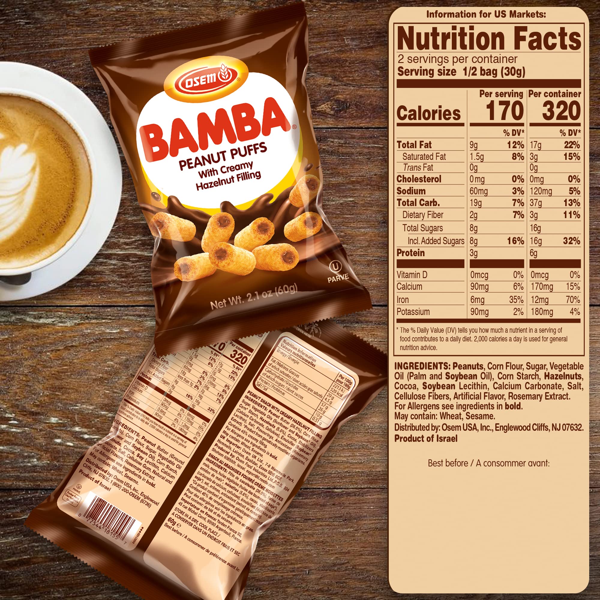 Organic Bamba Hazelnut Cream Peanut Butter Snacks - All Natural PB Corn Puffs, 2.1oz (Pack of 6) | Gluten-Free Kids Snacks for School Lunch, Healthy On-The-Go Treats & Party Favors