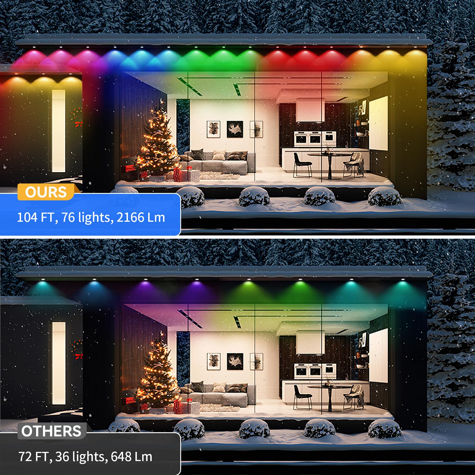 104ft RGBIC Smart LED String Lights with 76 LEDs - Permanent Outdoor Downlights for Eaves, Compatible with Alexa & Google Assistant, Music Sync, APP/Voice/Remote Control - Perfect for Parties, Holiday Decorations, Backyard & Patio Lighting
