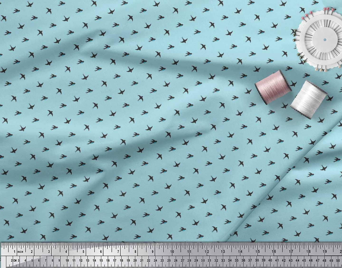 Soimoi 58 Inch Wide Velvet Blue Fabric by The Yard - Small Swallow Bird Print for Upholstery, Drapes & DIY Sewing Projects - Avian Beauty Home Decor Fabric