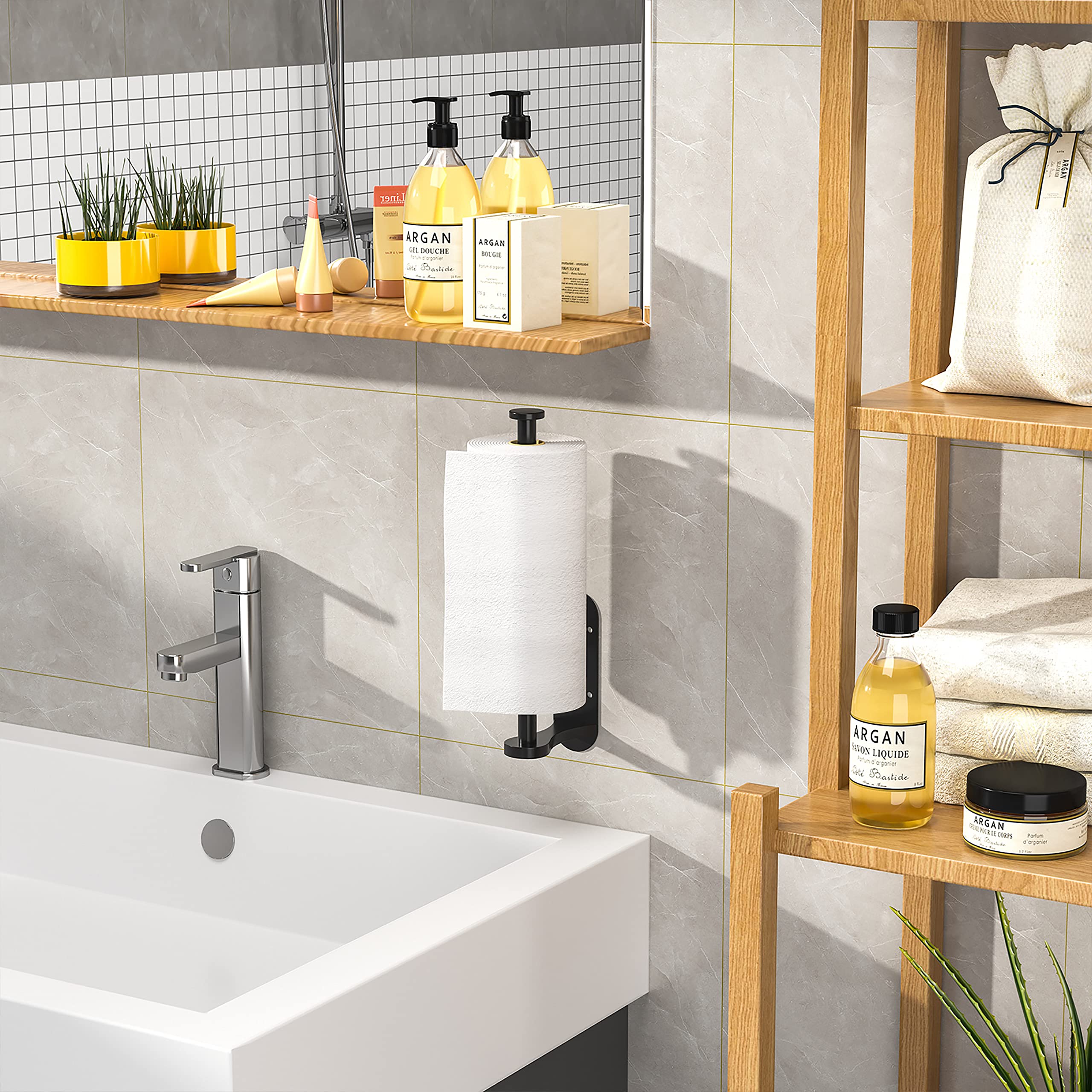 Stainless Steel Under Cabinet Paper Towel Holder - One-Handed Tear, Wall Mount & Adhesive Mounting Options - Black Kitchen & Bathroom Paper Roll Holder with Ratchet Mechanism - Perfect for Farmhouse, RV, Office & Home Decor Essentials
