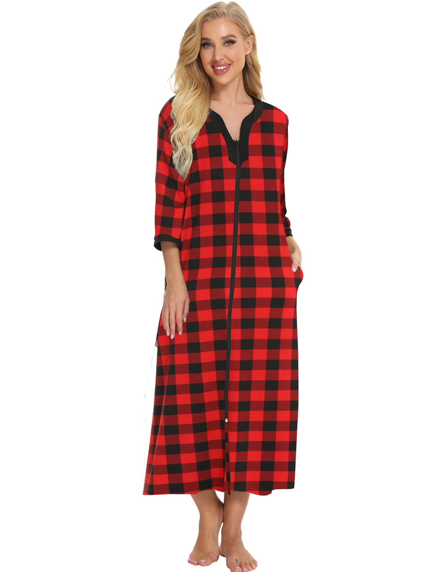 Bloggerlove Women's Zip Up Cotton Robe - Long House Coat with Half Sleeves, Comfortable Sleepwear & Nightgown for Lounge, Relaxation & Home Wear
