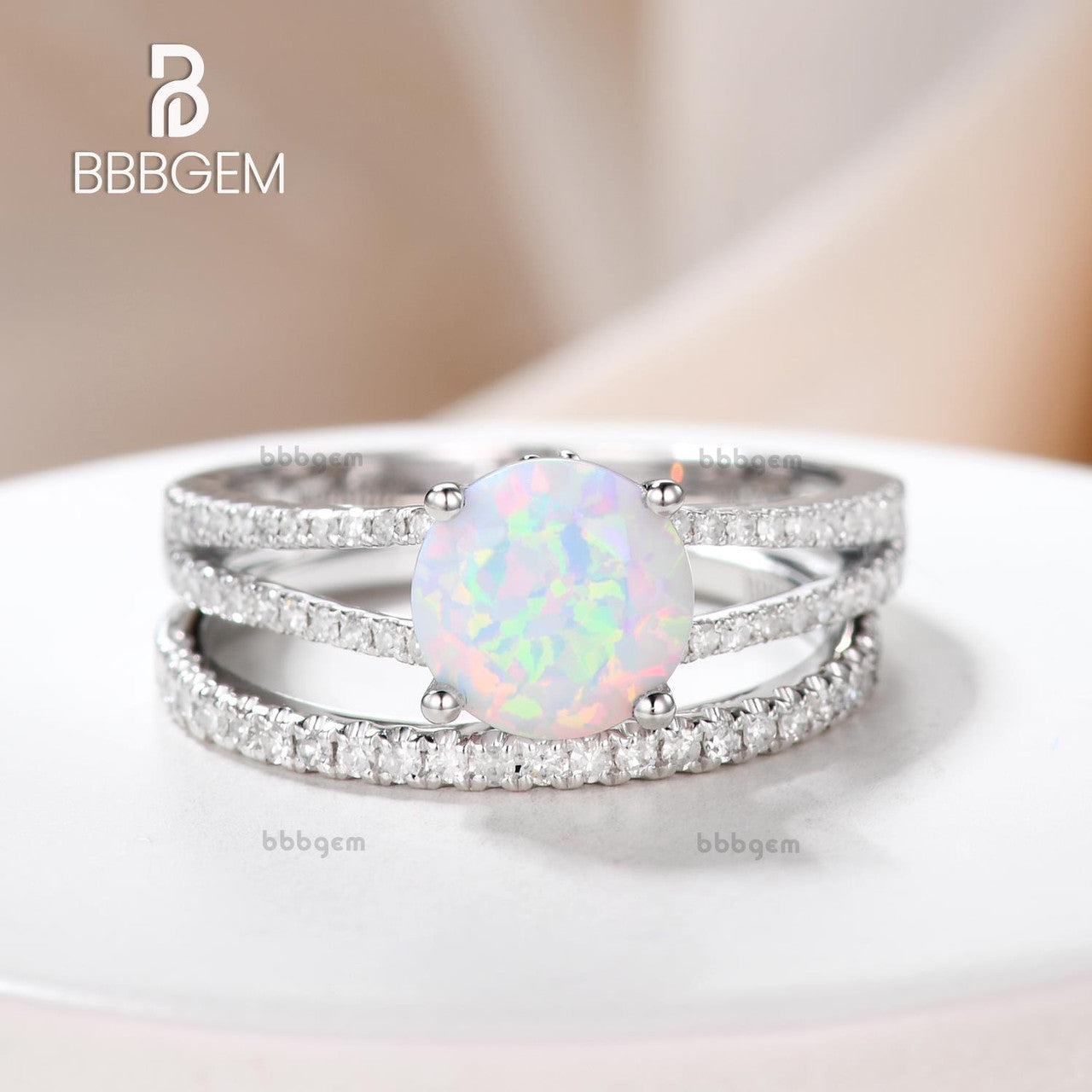 Vintage Opal Engagement Ring Split Shank Set with Pave Diamond Band - Elegant Wedding Jewelry for Brides, Anniversary Gifts & Special Occasions