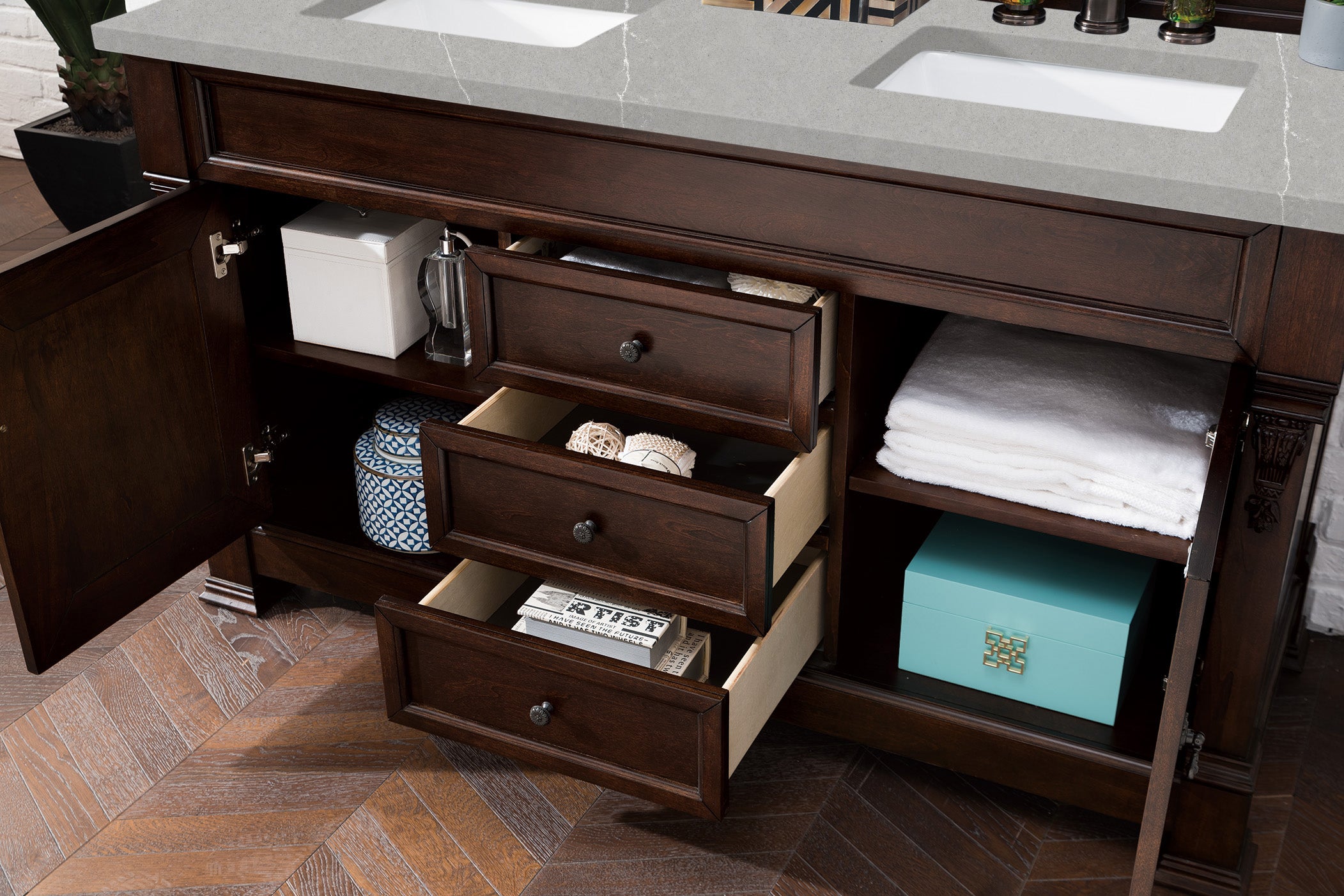 Brookfield 60-Inch Double Bathroom Vanity with Burnished Mahogany Finish & 3CM Eternal Serena Quartz Countertop - Perfect for Master Bathroom Renovations & Luxury Home Upgrades