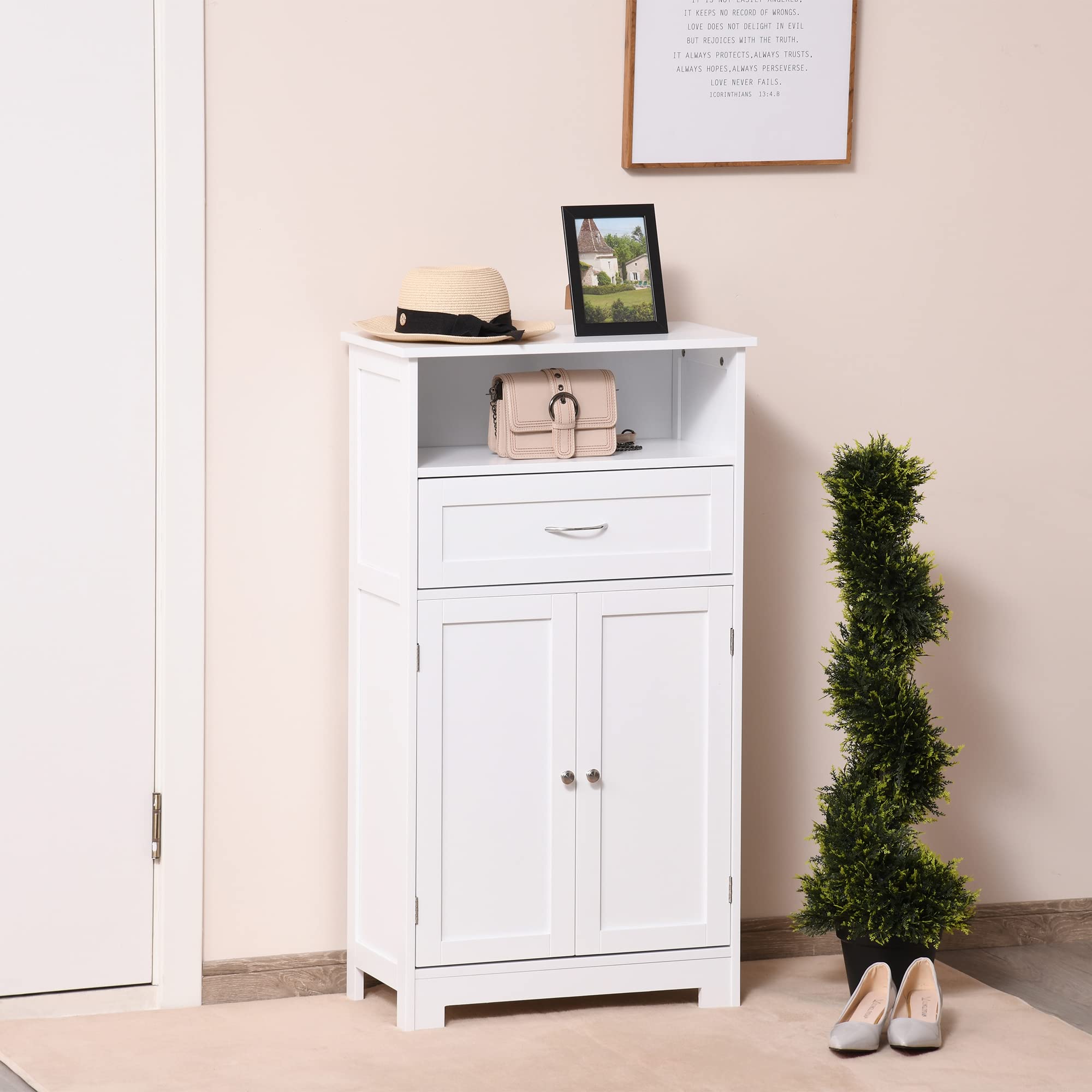 Kleankin Modern Bathroom Floor Cabinet - Free Standing Storage Organizer with Drawer & Adjustable Shelf, White - Perfect for Bathroom, Laundry Room & Bedroom Storage Organization