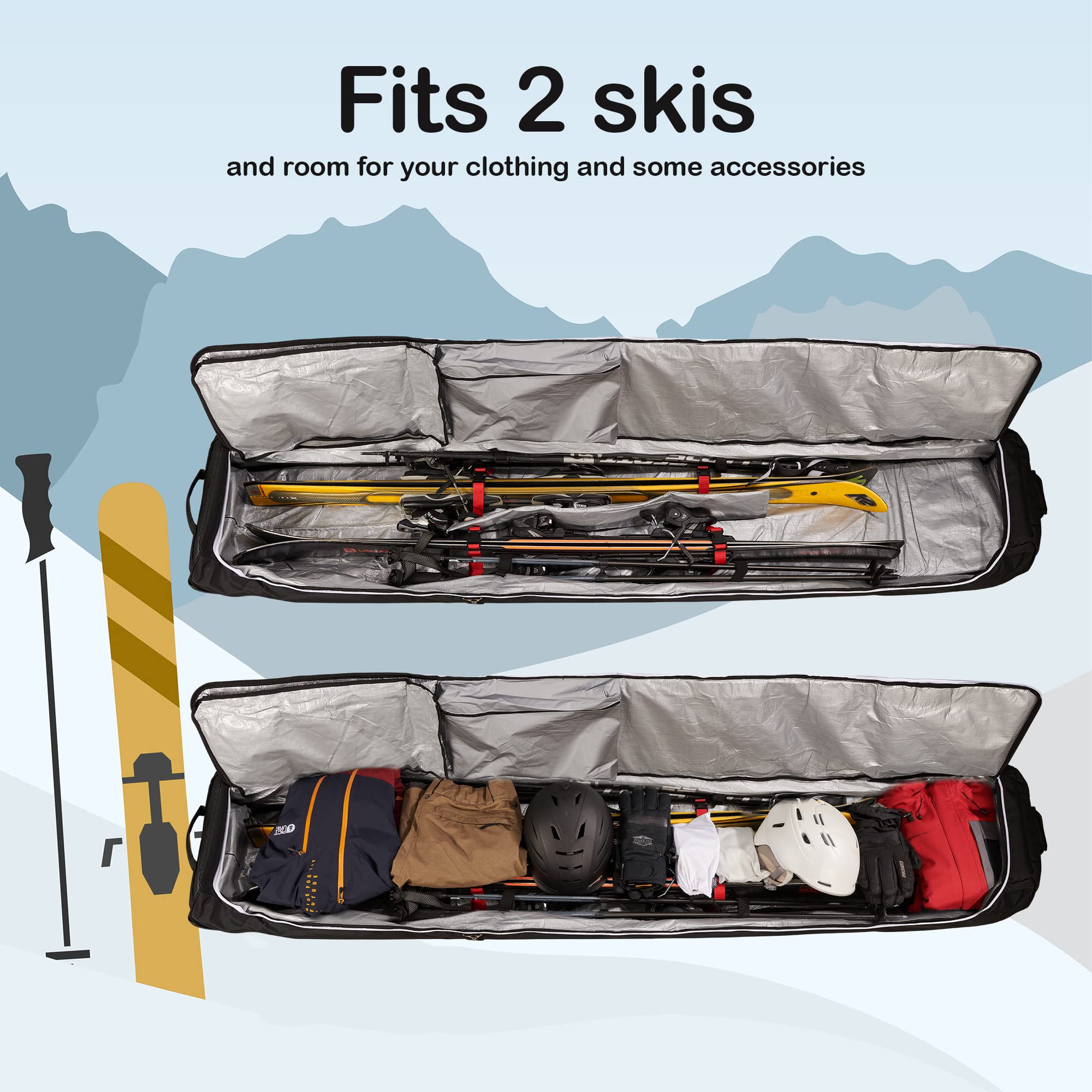 Durable Rolling Ski and Snowboard Travel Bag with Wheels - Fits 2 Pairs of Skis or 1 Snowboard - Perfect for Air Travel and Winter Sports Equipment Storage