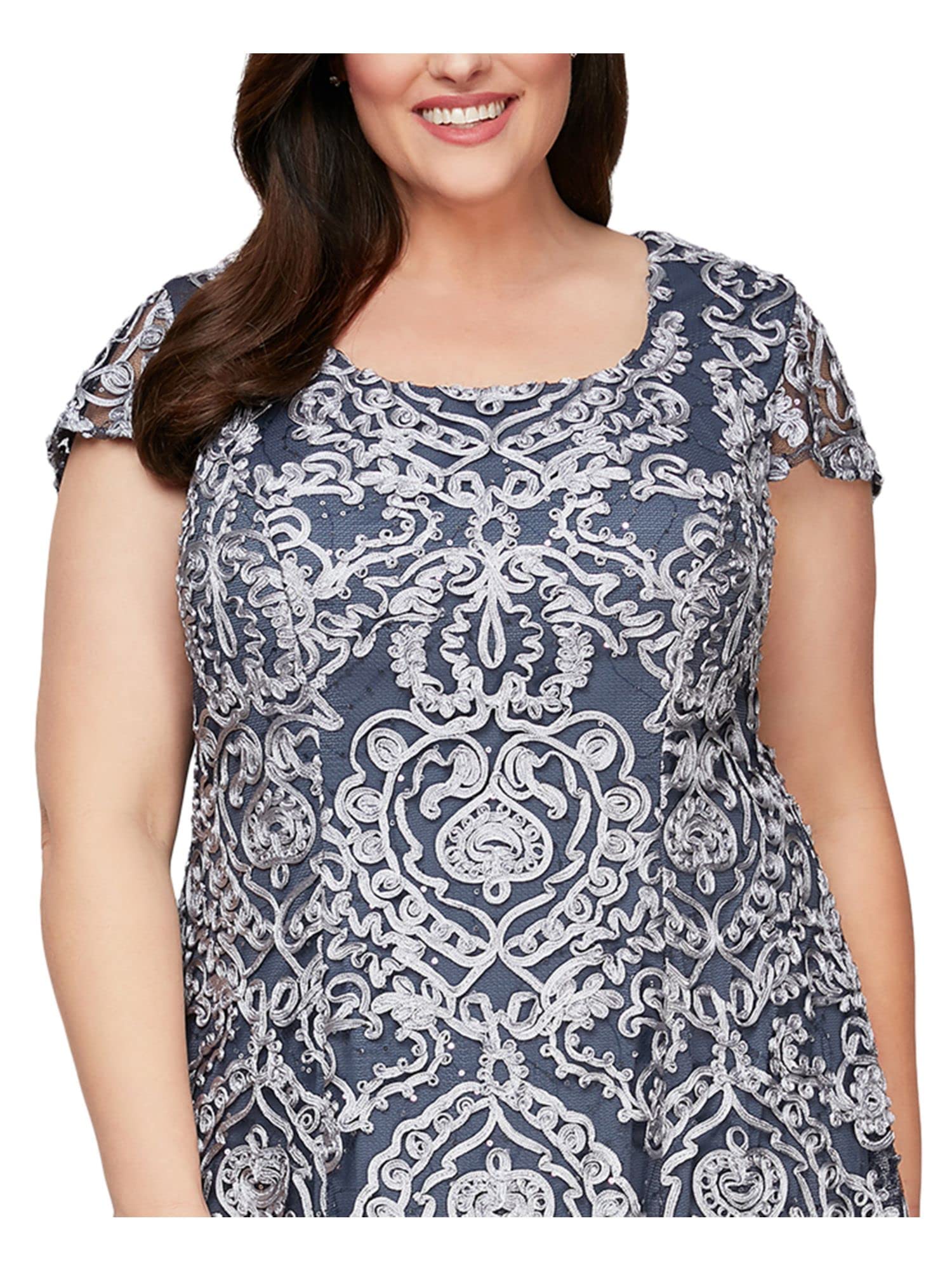 Alex Evenings Women's Plus Size Tea Length Dress with Rosette Detail - Elegant Formal & Wedding Guest Dress for Special Occasions