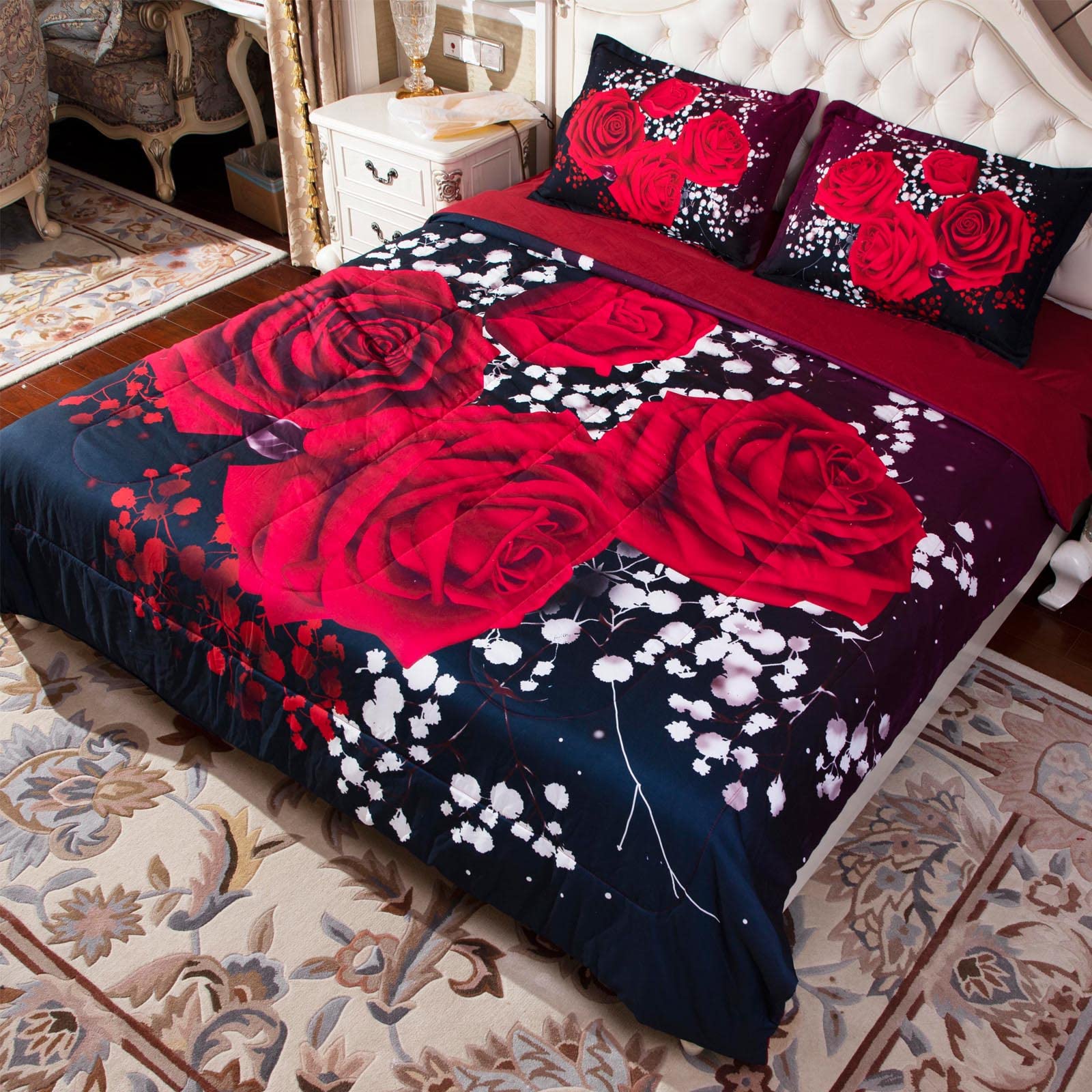 EsyDream Red Rose Floral Comforter Set - 3 Piece Romantic Wedding Bedding with Tencel Cotton Quilt & 2 Pillowcases for Women - Twin Size Rose Themed Bedroom Decor for Bridal Shower, Anniversary or Valentine's Day Gift