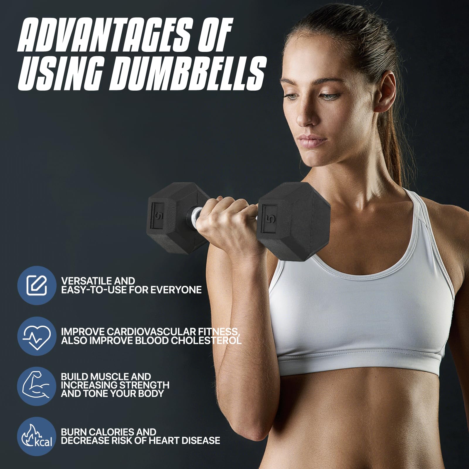 Hex Dumbbell Set - 5-25 lbs Rubber Coated Cast Iron Weights with Anti-Slip Grip for Home Gym, Strength Training & CrossFit Workouts