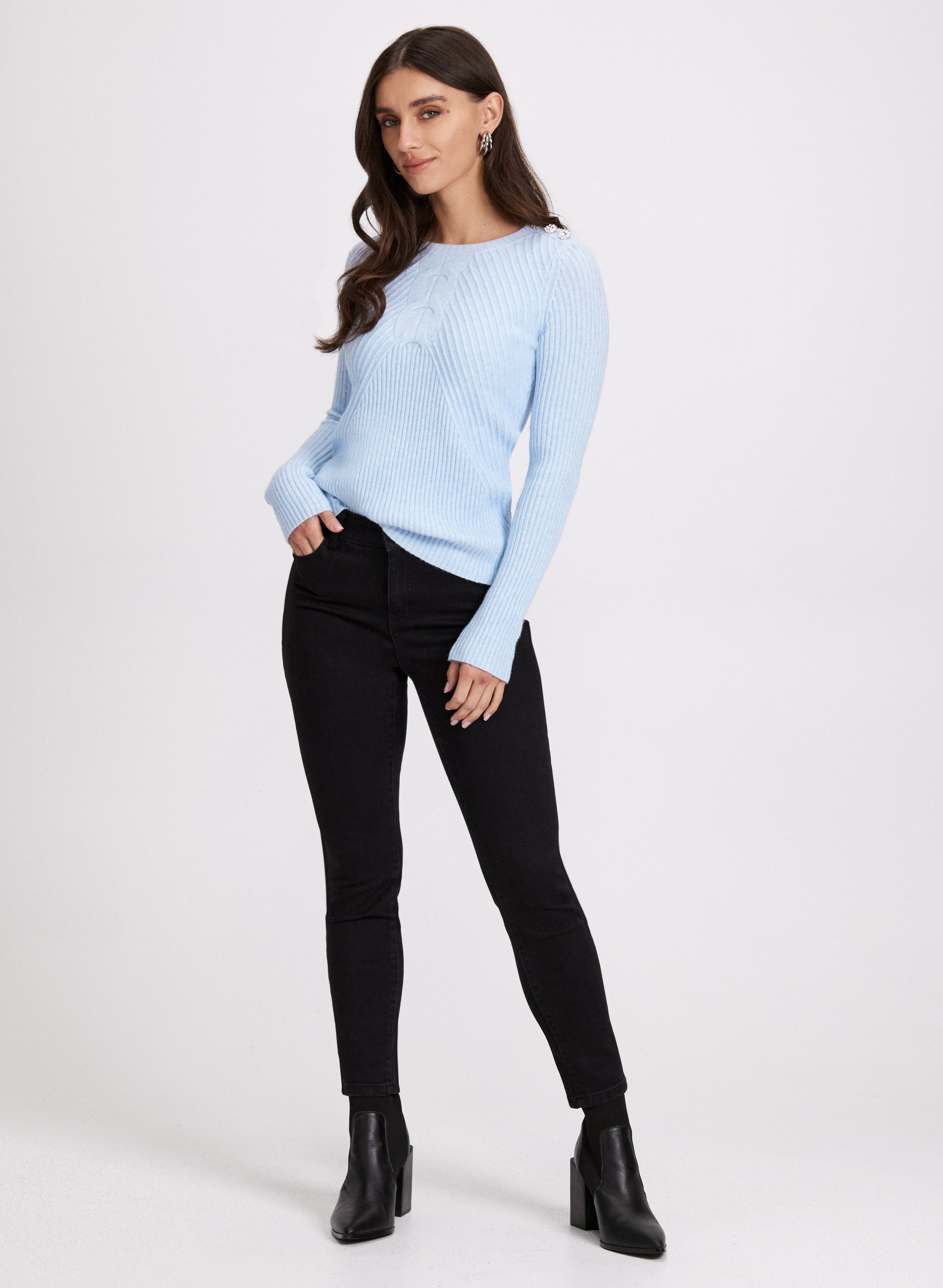 Elegant Crystal Button Embellished Sweater for Women - Stylish Knit Pullover with Rhinestone Details - Perfect for Parties, Dates & Holiday Gatherings