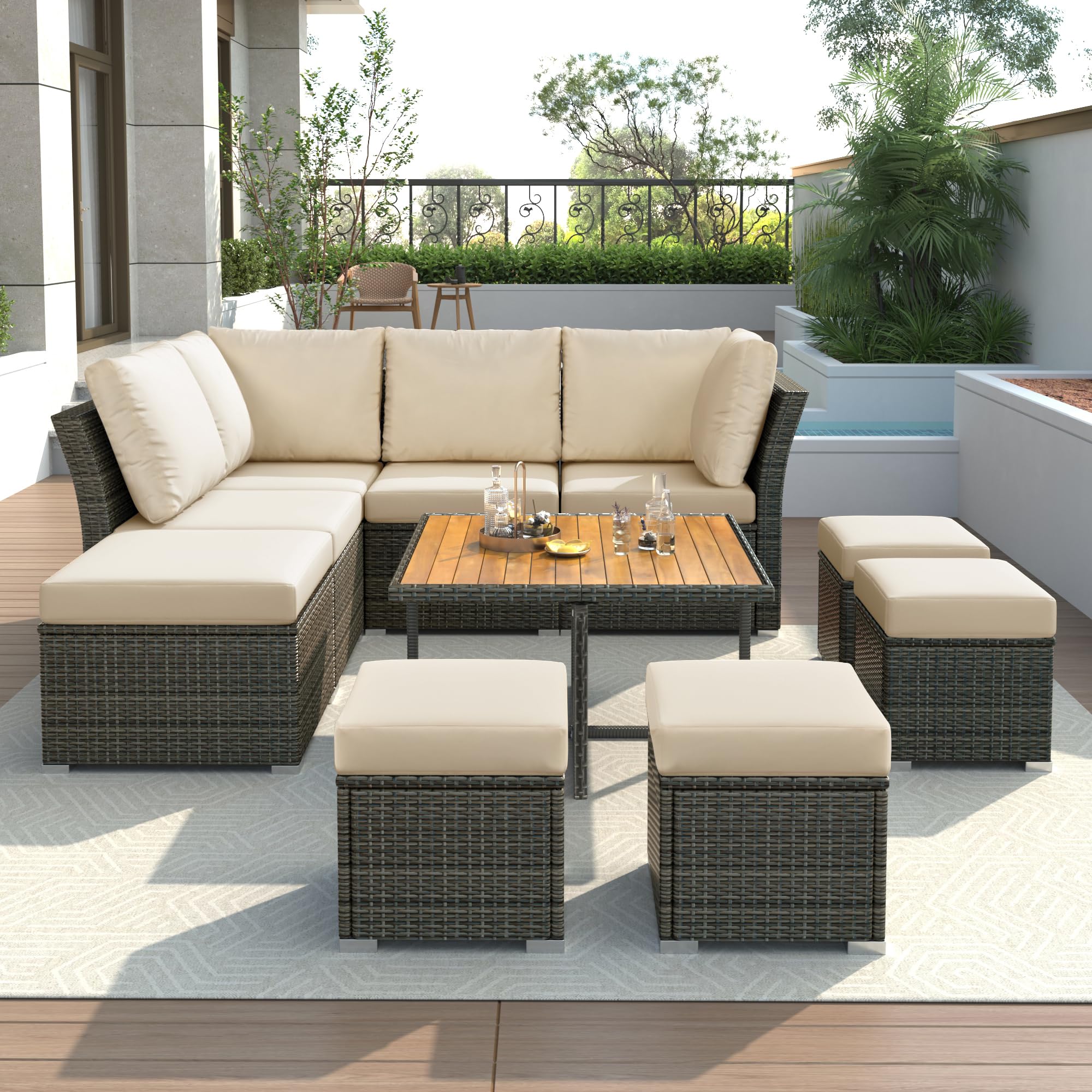 Merax 9-Piece All-Weather Patio Conversation Set - Outdoor Rattan Wicker Sectional Sofa with Solid Wood Coffee Table & Ottomans, Beige - Perfect for Backyard, Garden, Poolside & Terrace Relaxation