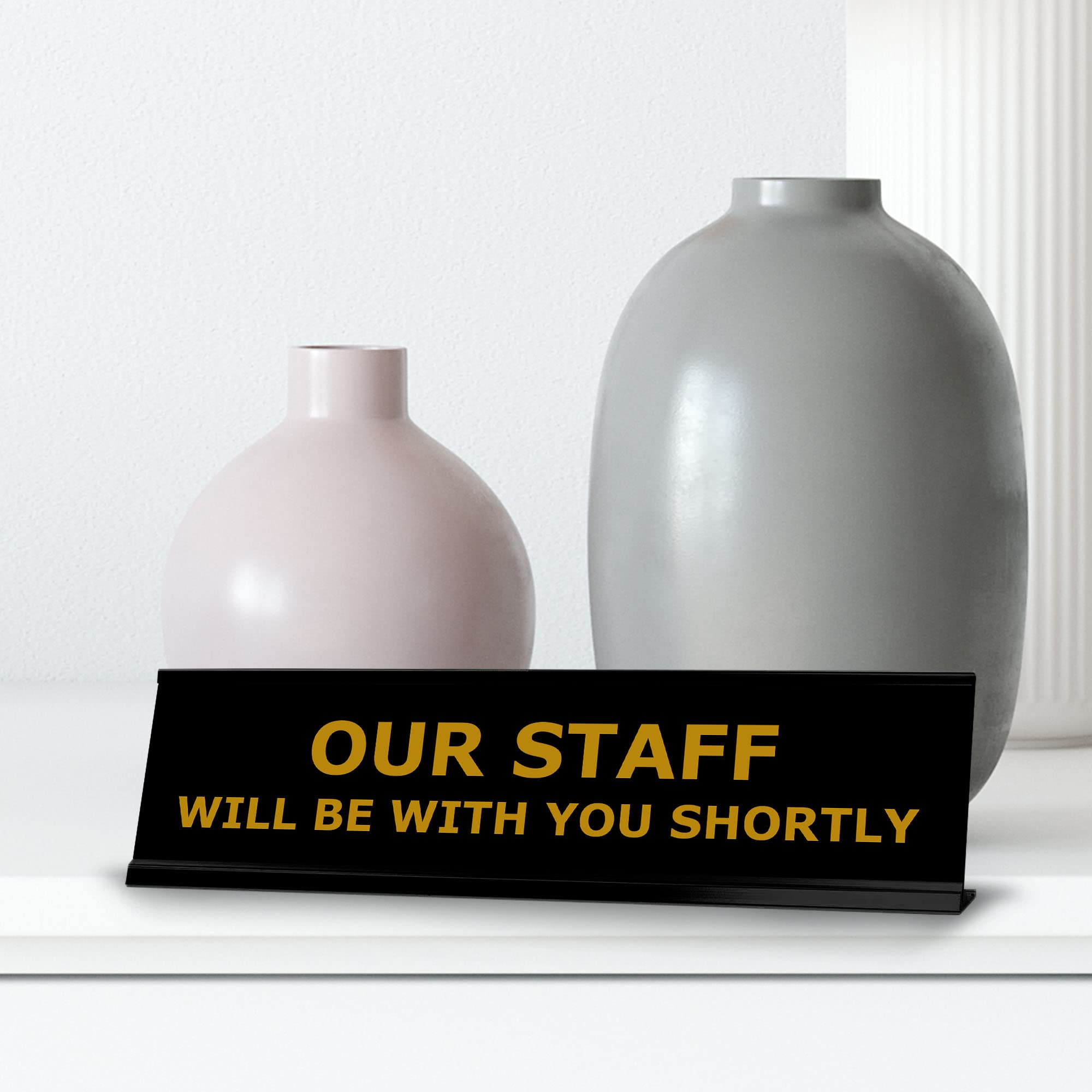 Black Frame Desk Sign (2x8 Inches) - Professional Office Decor for Reception & Customer Service Areas - Perfect for Waiting Rooms, Front Desks & Workstations