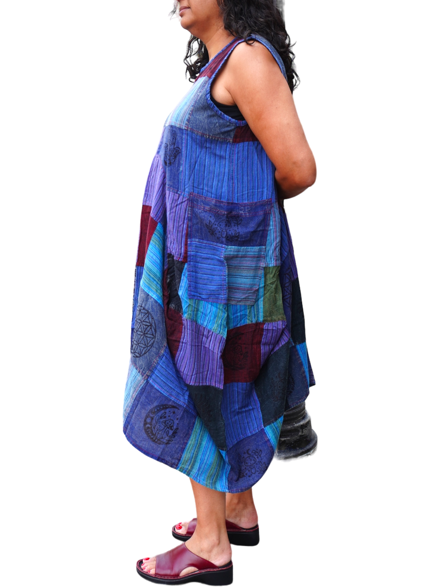 Stylish Blue Patchwork Cotton Parachute Dress with Pockets - Perfect for Summer Outings, Beach Vacations & Casual Wear
