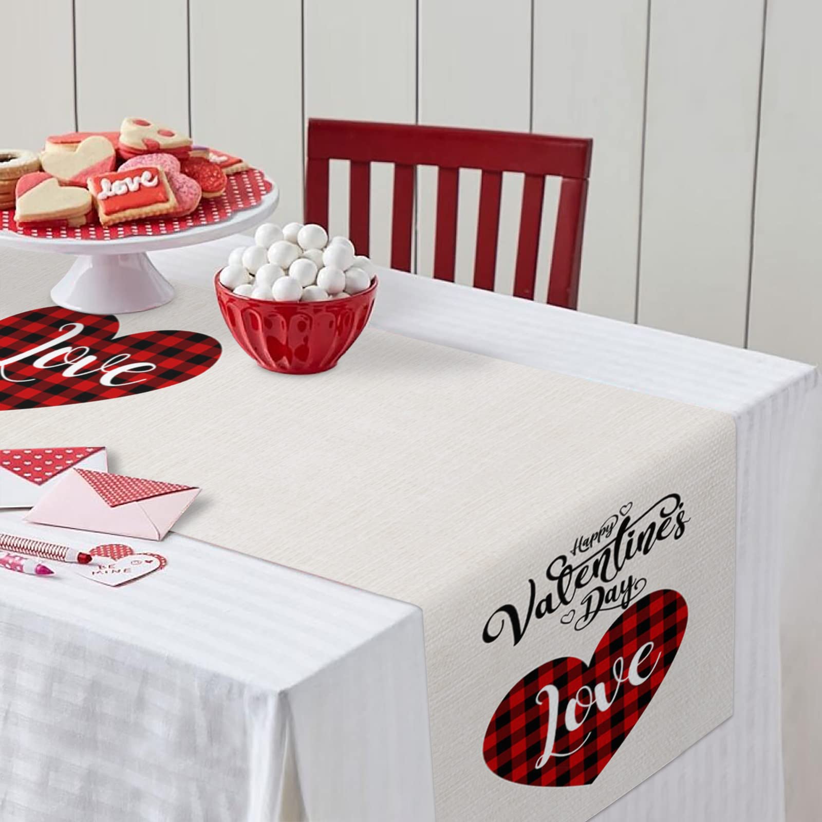Valentine's Day Plaid Heart Table Runner - 36 Inch Long Red Farmhouse Decor for Kitchen, Dining, Coffee Table, Wedding & Banquet - Perfect for Romantic Dinners, Holiday Parties & Home Decor