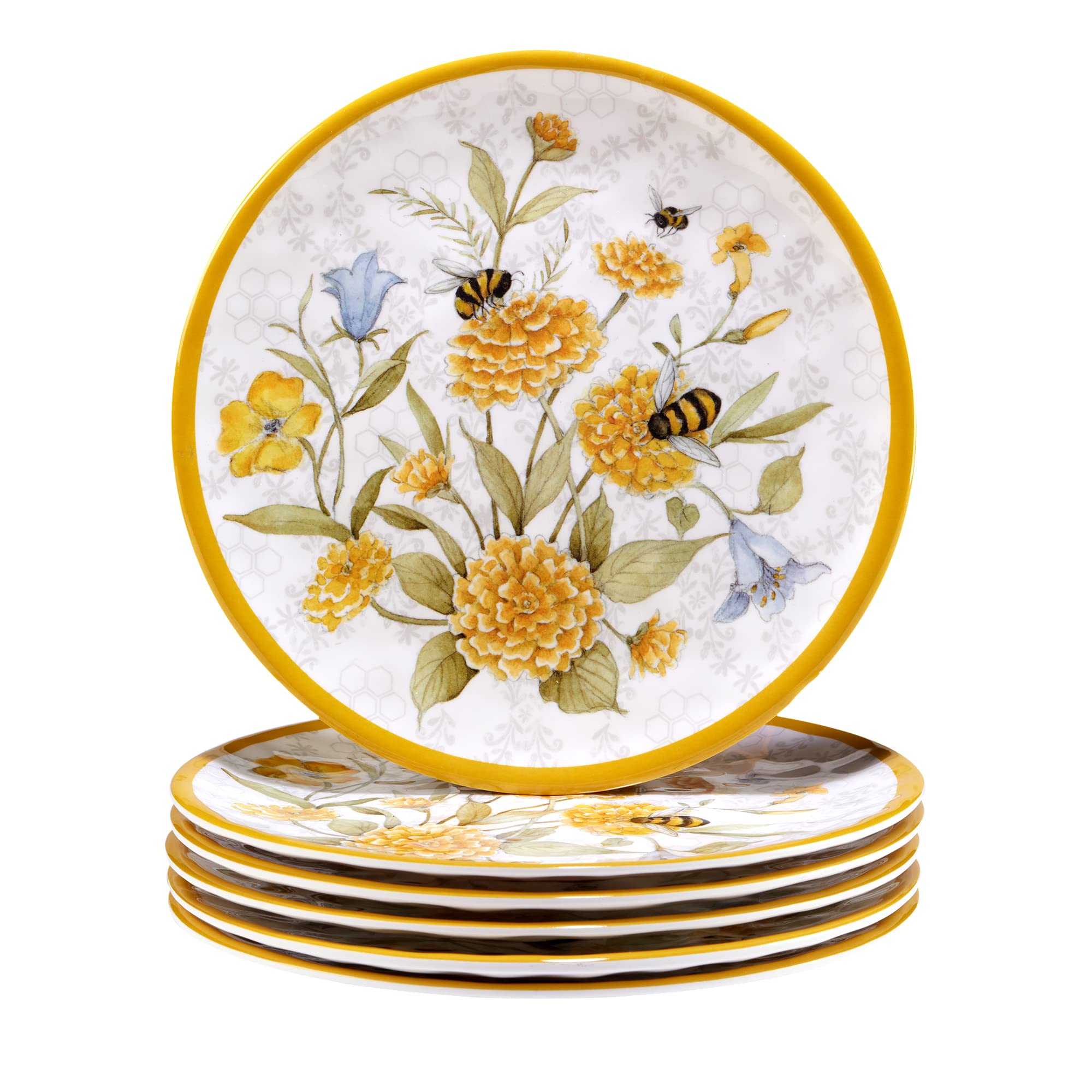 Certified International Bee Sweet 9-Inch Melamine Salad and Dessert Plates - Colorful, Durable, Medium Size - Set of 6 - Perfect for Picnics, BBQs, and Party Serving