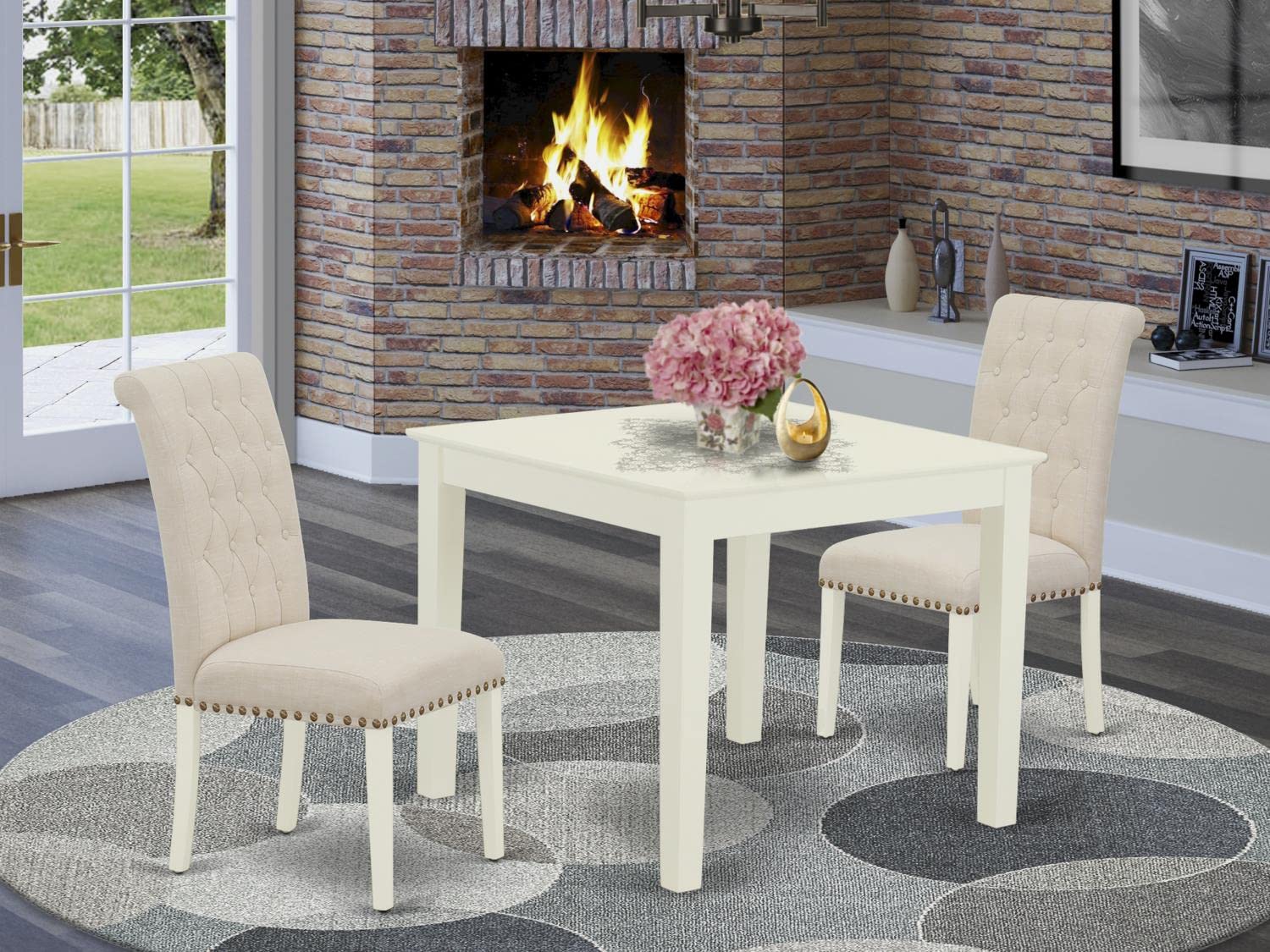 East West Furniture OXBR3-LWH-02 3-Piece Modern Dining Set - 36x36 Inch Square Table & 2 Light Beige Linen Parsons Chairs, White - Perfect for Small Spaces, Breakfast Nooks & Apartment Dining Rooms
