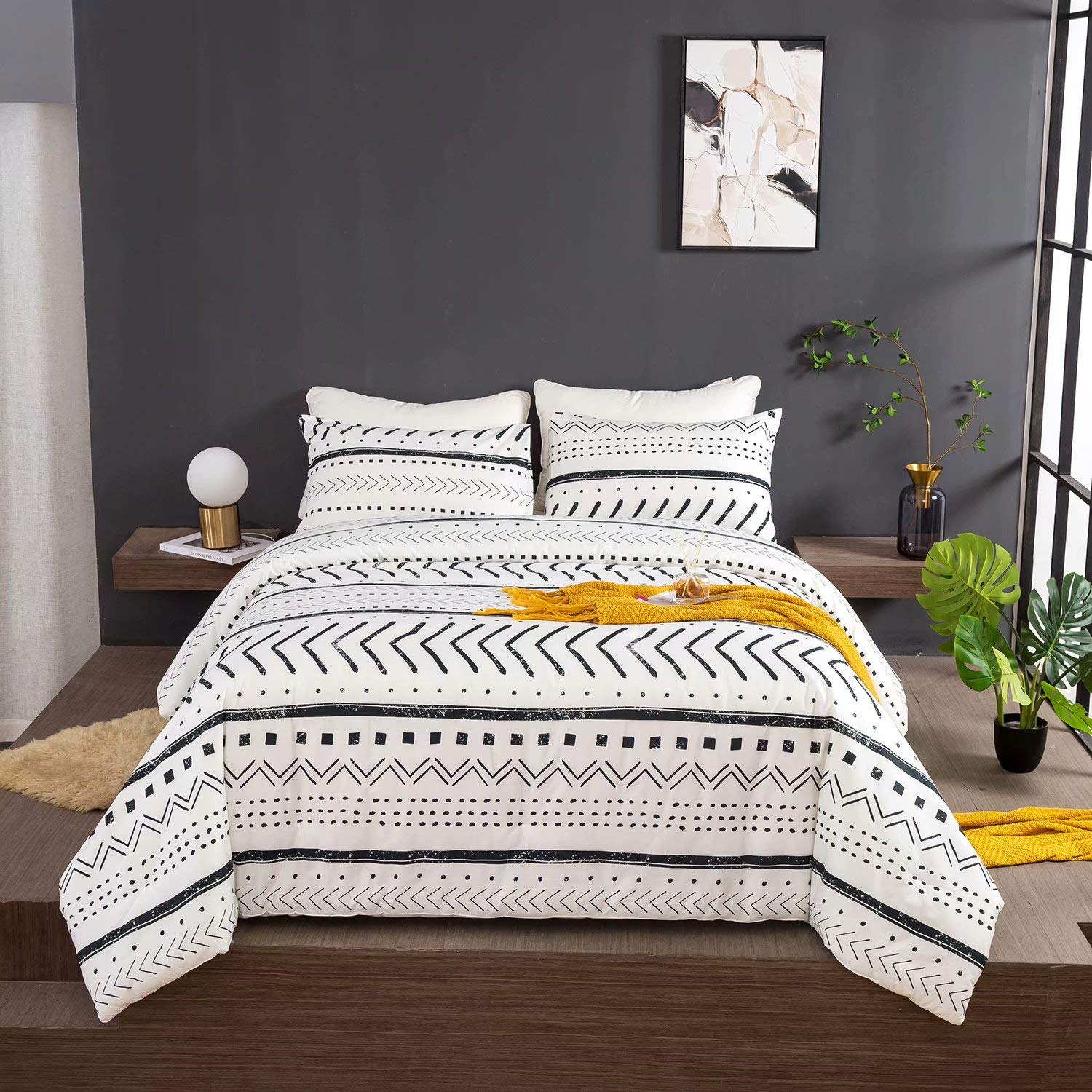 King Size Cottonight White Boho Comforter Set - Soft Breathable Cotton Bedding with 2 Pillowcases, Black & White Striped Aztec Herringbone Design for Women & Men | Perfect for Bohemian Bedroom Decor, Guest Rooms & Cozy Home Styling